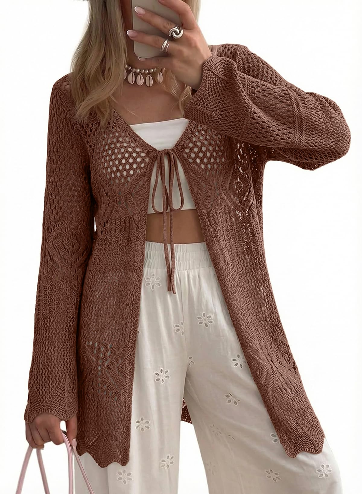 SHEWIN Crochet Cardigans for Women Lightweight Tie Front Sweater Hollow Out Summer Cardigans for Women