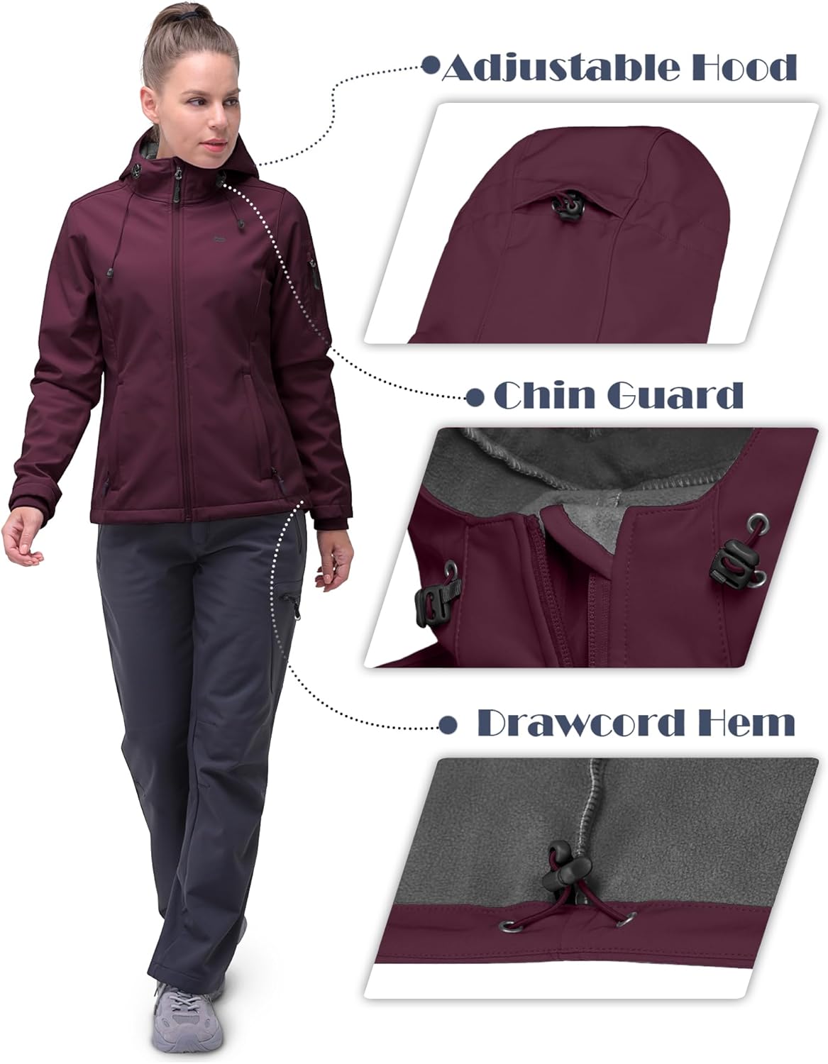 33,000ft Women's Softshell Jacket, Fleece Lined Warm Jacket Light Hooded Windproof Coat for Outdoor Hiking - Image 5
