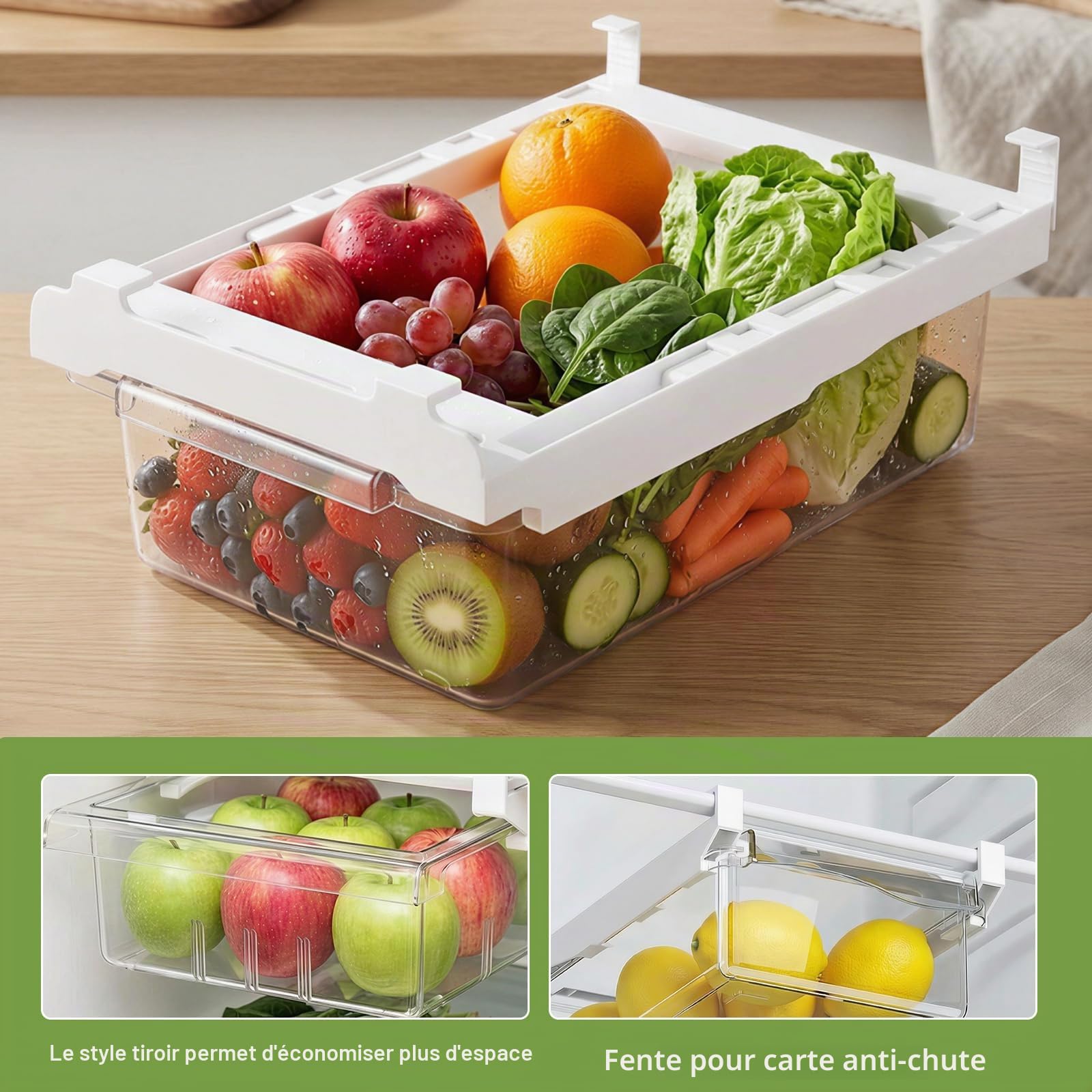 2PCS Organisateur Frigo Tiroir Coulissant Universel - Boîte De Rangement Réfrigérateur Extensible & Transparente - Bac Suspendu Pour Fruits, Légumes - Gain De Place & Installation Facile (Sans BPA)