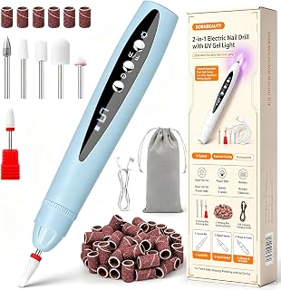 2-in-1 Electric Nail Drill with UV Gel Light, 2026 New Portable Nail Drill Lamp, 5 Speed Manicure Pedicure Kit with 5 Grinding Bits, File Buffer for Shaping, Polishing for Thick Nails，Blue