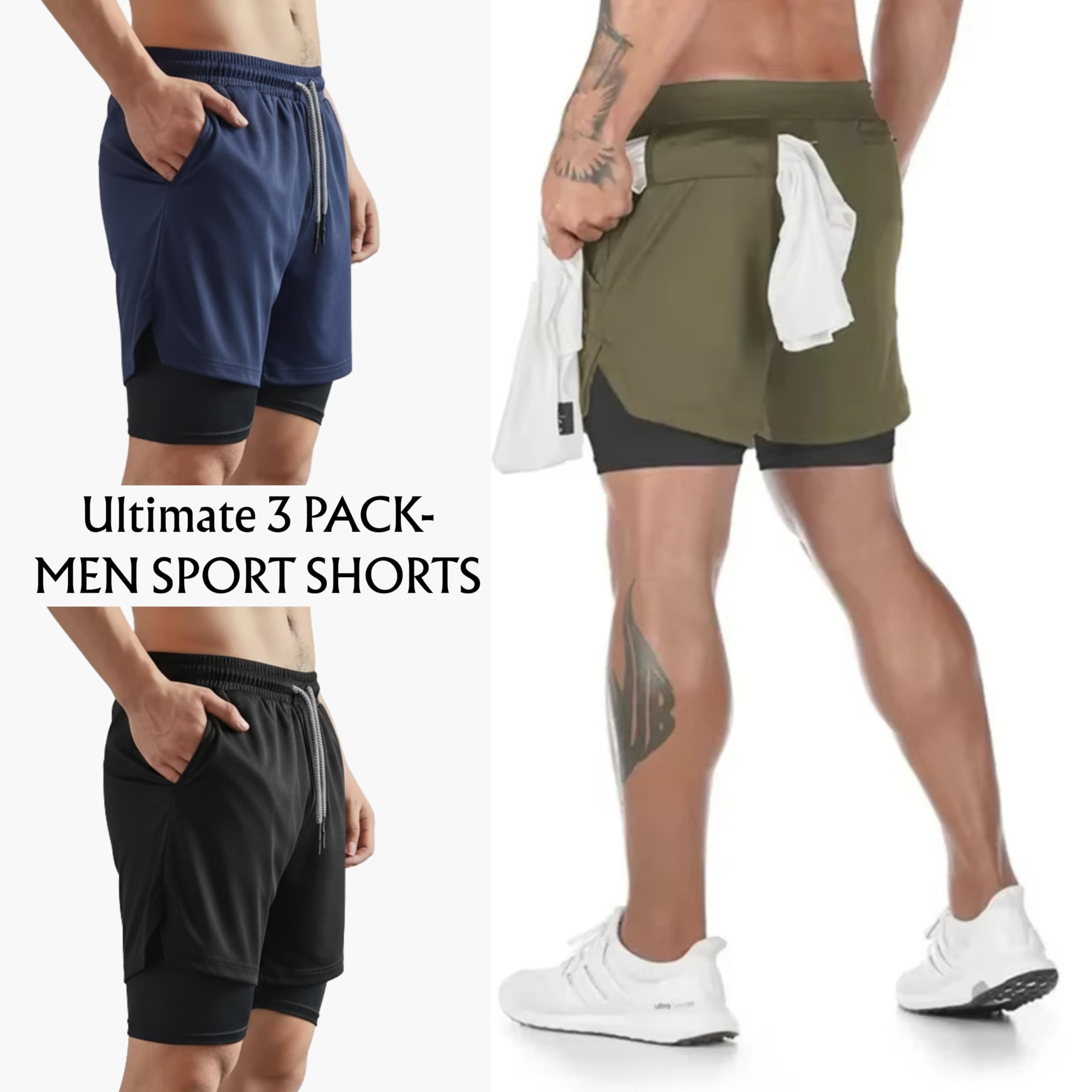 Genérico Lot de 3 shorts de sport 2 en 1 avec maille de compression interne, résistants et respirants pour gym, crossfit, course à pied, padel