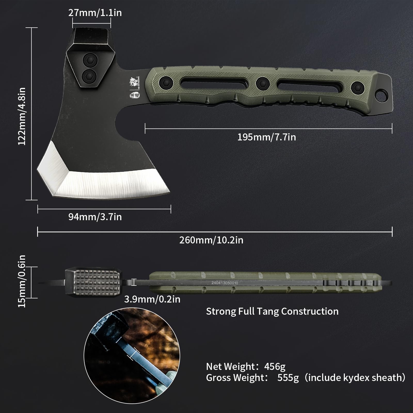 Hacha de Partir Multifuncional, Pequeña Hacha de Supervivencia y Táctica para Camping, Hachas de Mano para Bushcraft con Martillo y Funda de Kydex (Verde Militar)