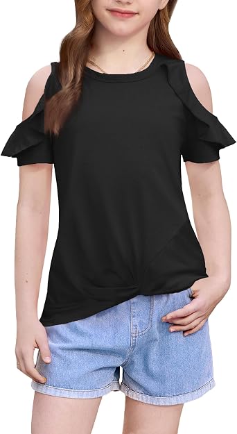 BesserBay Girls Cold Shoulder Tops Twist Front Tunic Ruffle Sleeve Summer Blouses 5-14 Years