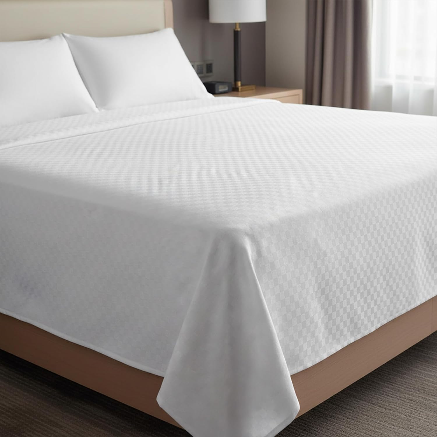 Serene Classic Checkered Full Flat Top Sheet 84x96 – Pack of 12 – Hotel Quality Bedding – Wrinkle-Free Jacquard Sheets – Fade & Shrink Resistant – Easy-Care White Full Flat Sheets