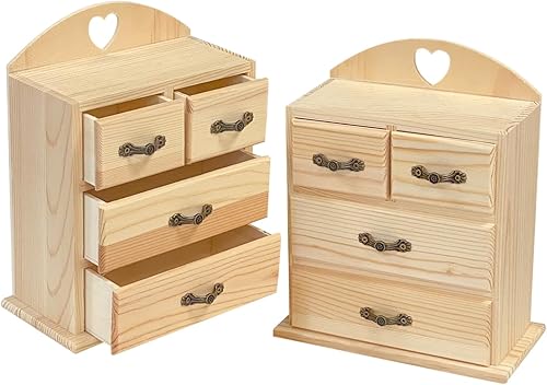 Paquete de 2 cajas de madera sin terminar con mini cajones para joyas, pequeña caja organizadora de madera para manualidades, pasatiempos, proyectos