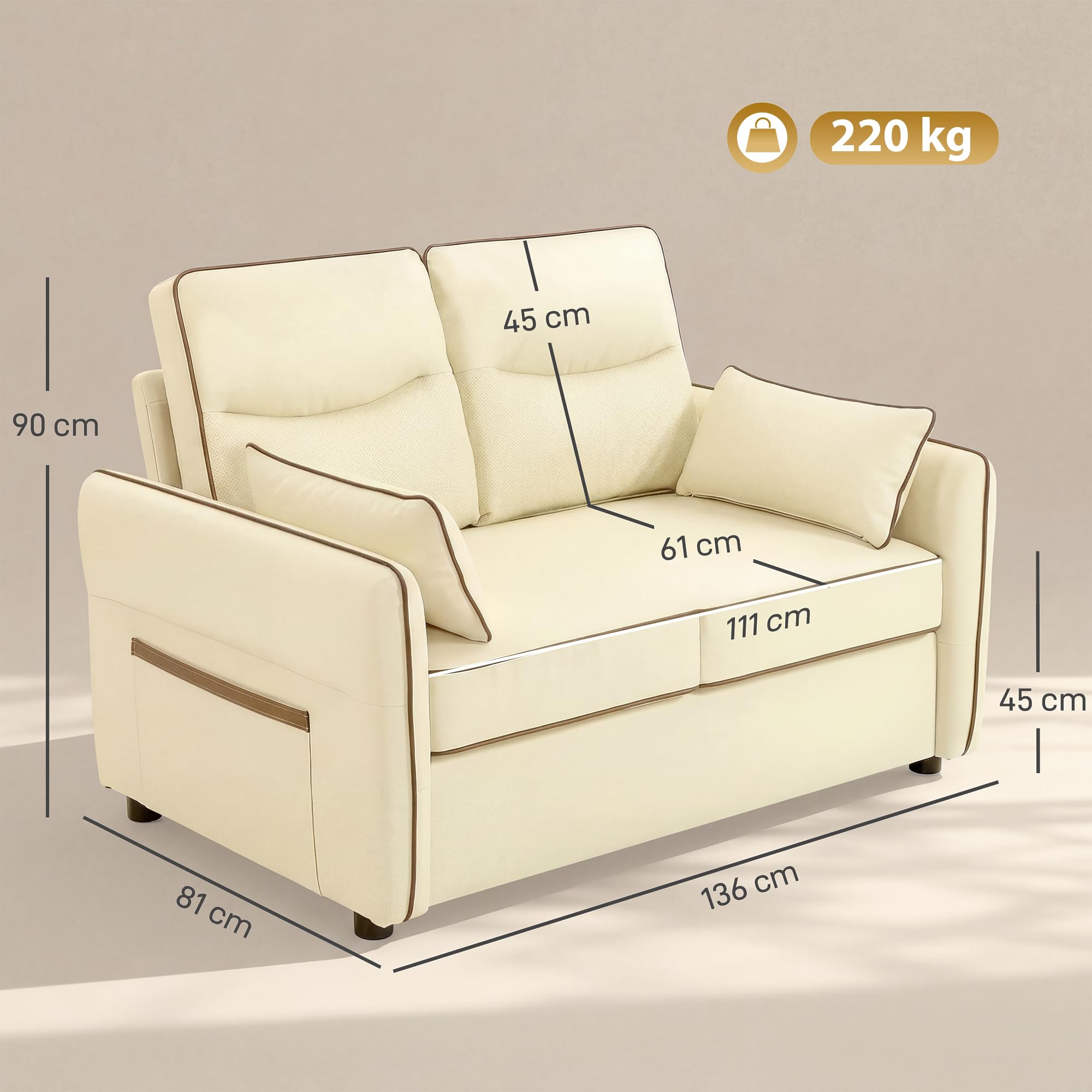 HOMCOM Divano 2 Posti Imbottito in Pelle Finta con Bordo a Contrasto, Divanetto da Salotto con Imbottitura Spessa, 2 Cuscini Rimovibile e Lavabile, Braccioli e Tasche Laterali, 136x81x90 cm, Beige