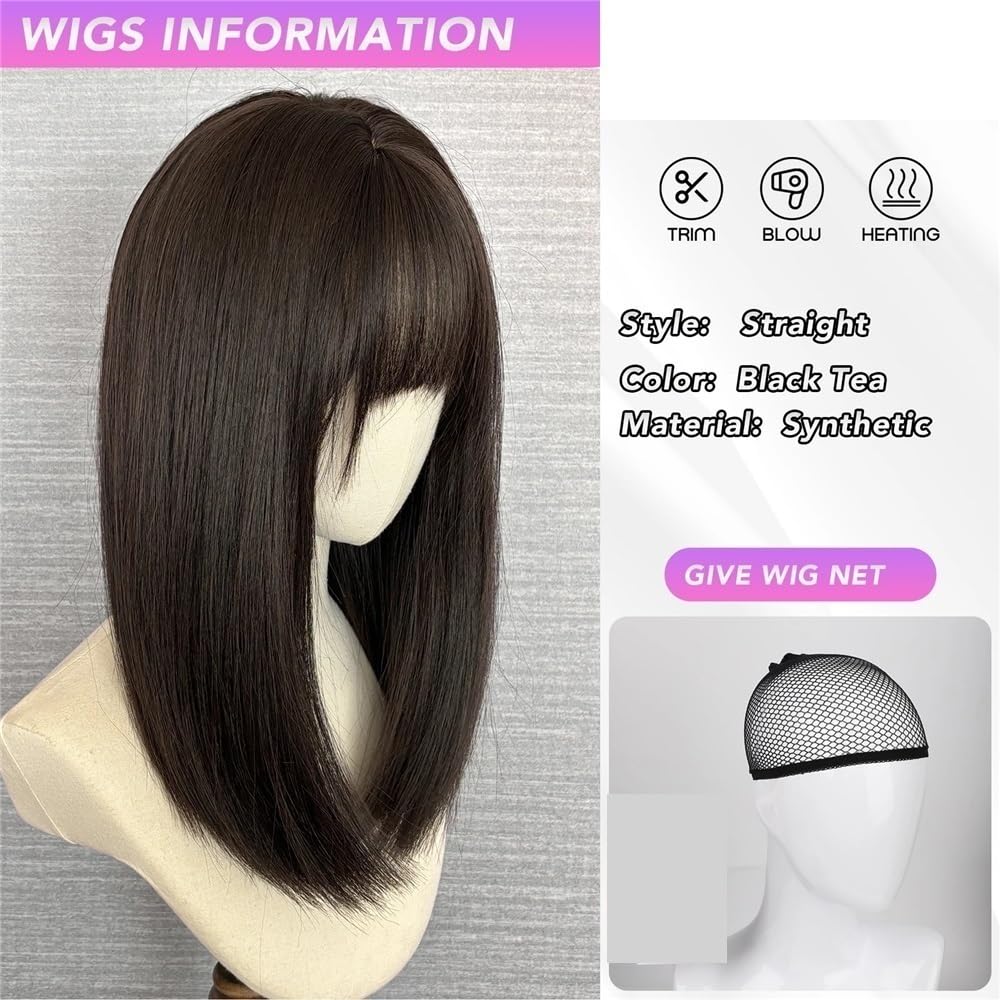 16 Zoll natürliche schwarze lange gerade geschichtete Ponyperücken Hitzebeständige Kunstfaserperücken for Damen for den täglichen Gebrauch Fügt Haarvolumen hinzu