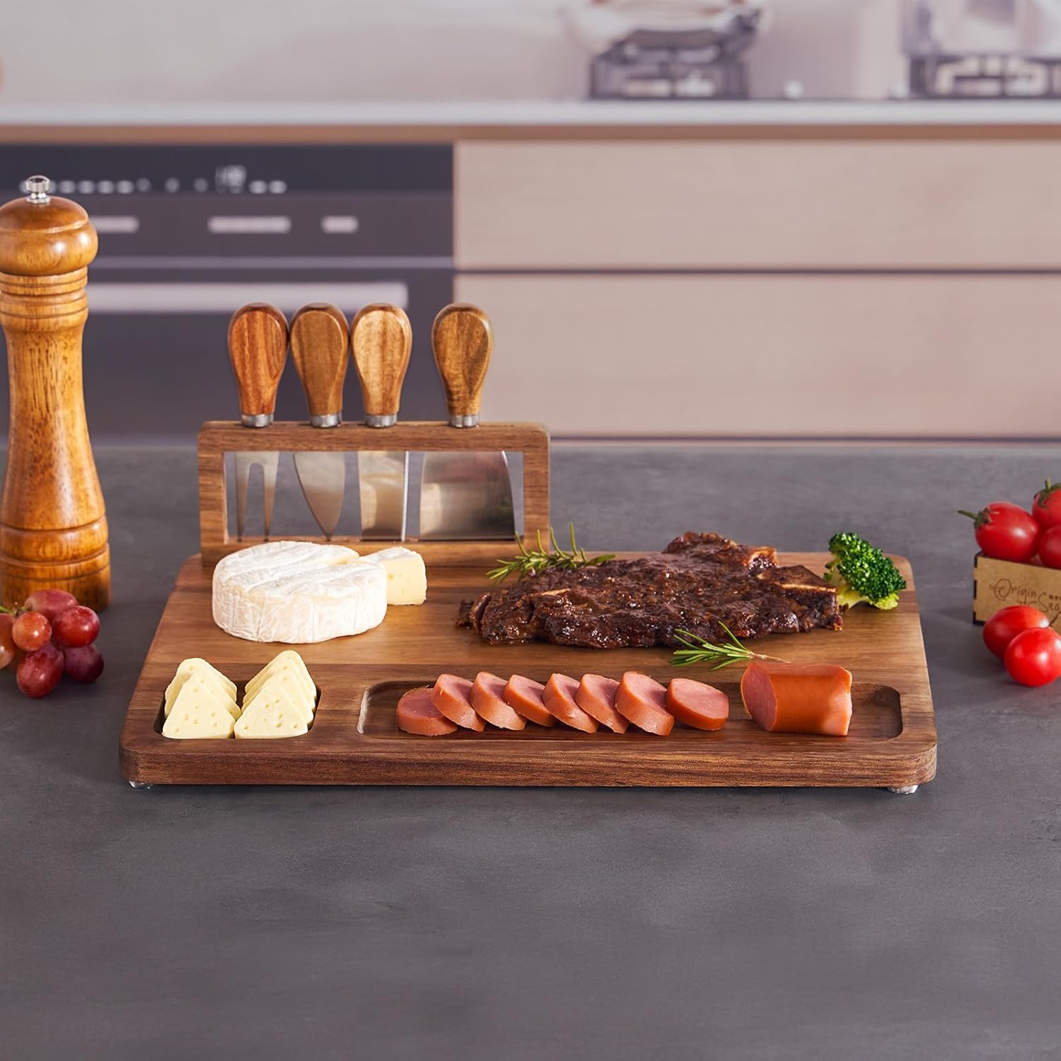 Acacia Wood Charcuterie Board, Cheese Board Set with Magnetic Knife Holder, 14"x 11" Large Serving Tray for Meat and Cheese, Ideal Gift for Anniversary, Christmas, Thanksgiving, Wedding, Halloween - Image 6