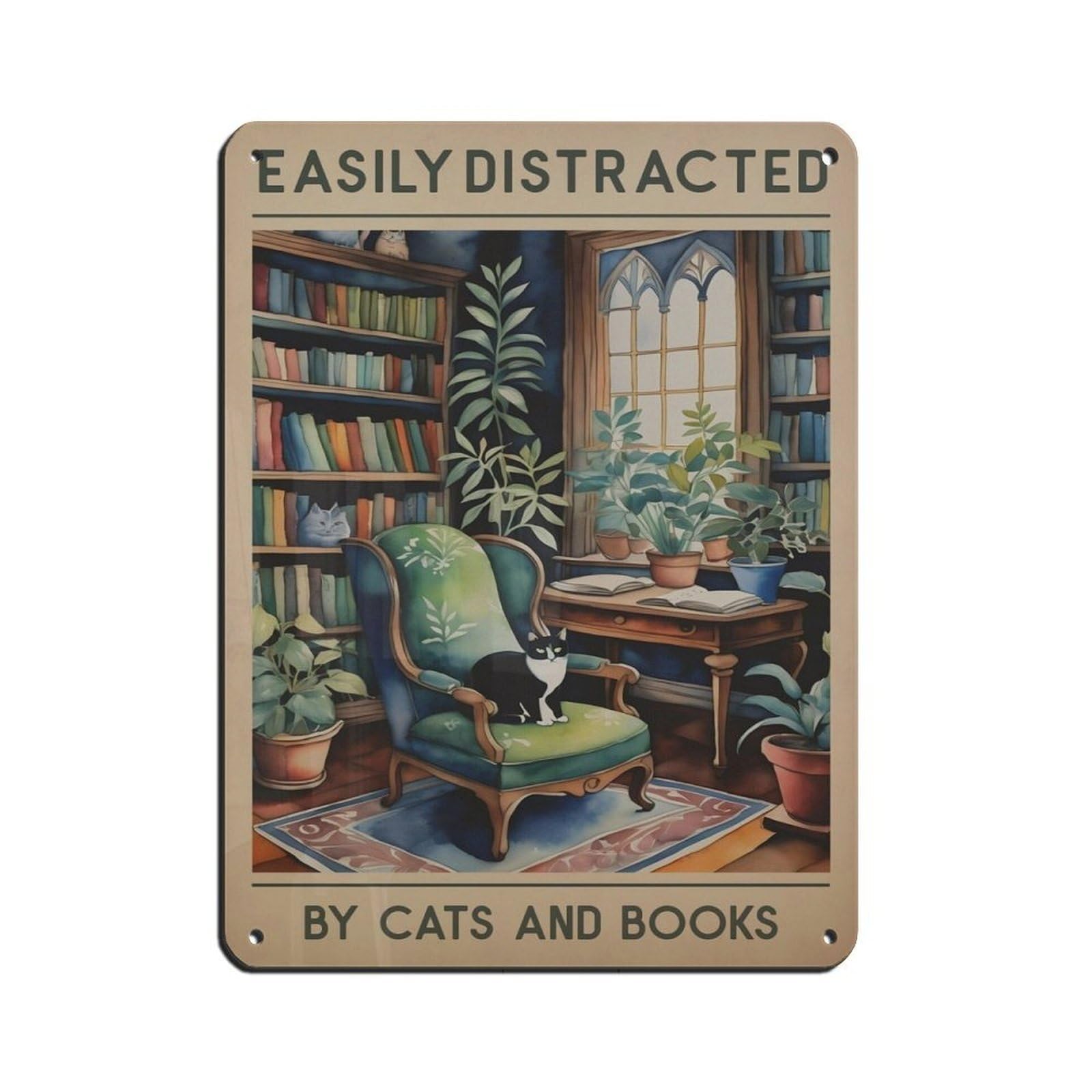 Cat And Books Poster, Vintage Cat, Vintage Book (2) Retro Poster Metal Tin Sign Chic Art Retro Iron Painting Bar People Cave Cafe Family Garage Poster Wall Decoration 12x16inch(30x40cm)