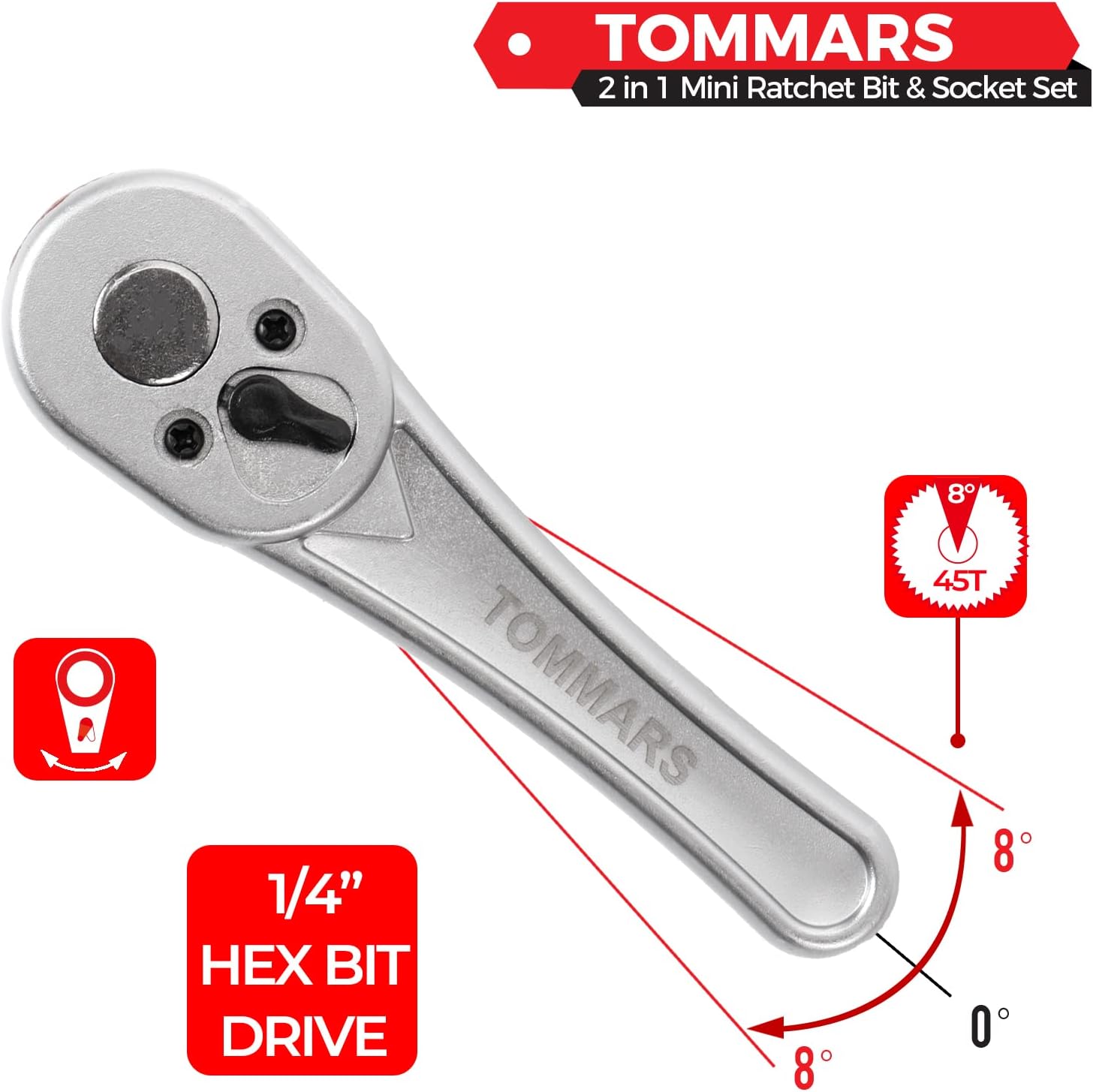 TOMMARS 1/4-inch Mini Bit Ratchet Wrench Set, Mini Ratcheting Wrench Set inl. S2 Screwdriver Bits and Cr-V Sockets