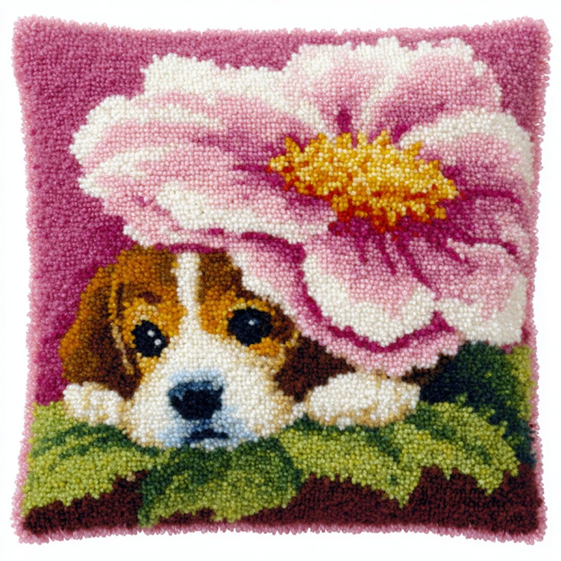 Kitquiver Animal Latch Hook Craft Kits Dogs and Flowers Crochet Needlework Crafts with Latch Hook Tool for Adults DIY Handmade Home Cushion Kits Decor 17x17In
