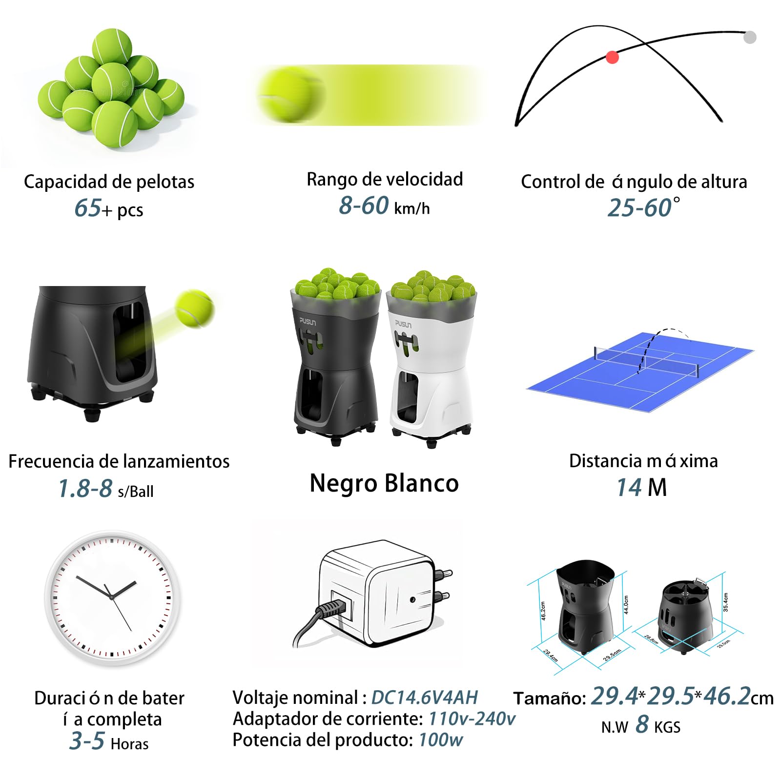 PUSUN PT-Mini Pro-Mini Máquina Lanzapelotas de Tenis Profesional | Ideal para Principiantes | Control App | Ligera y Portátil | para Uso Interior y Exterior | 3-5 Horas de Batería