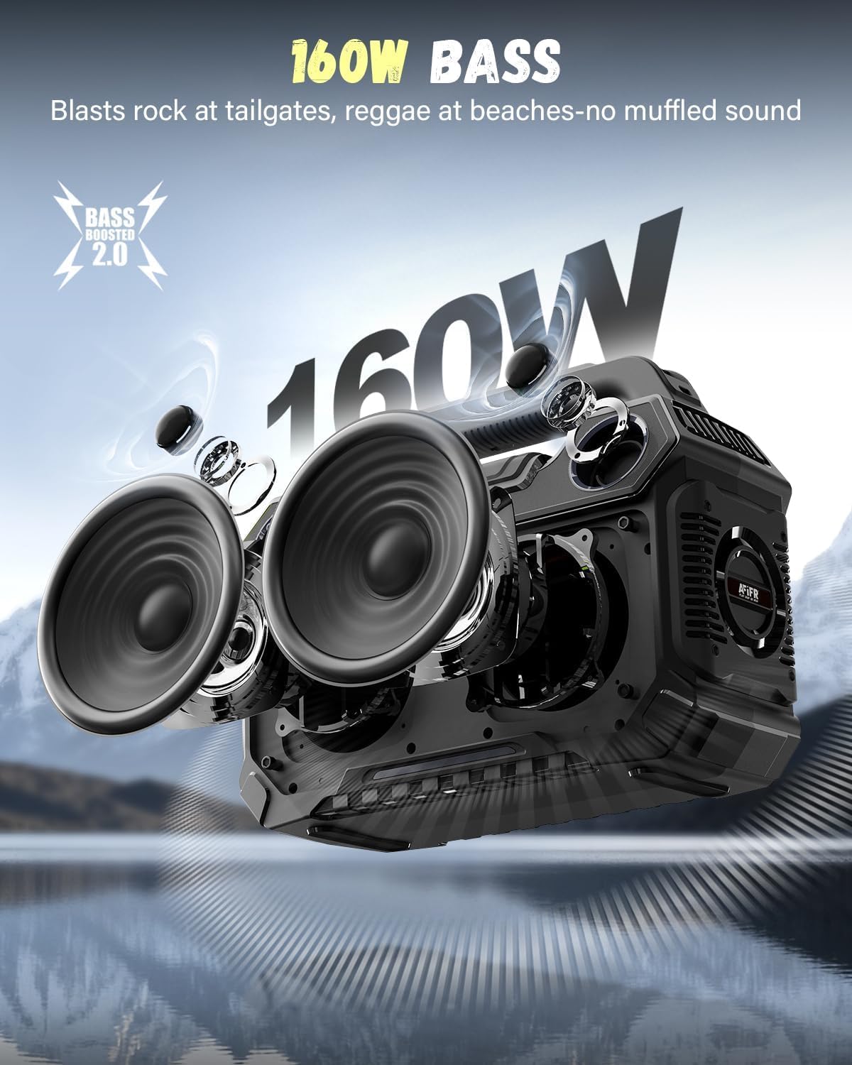 Outdoor Bluetooth Speaker, 160W Loud Bass! Rugged, IP67 Waterproof, 24H Playtime with Lights, Wireless TWS Pairing Portable Speakers for Party, Outsides, Travel, Beach, Garage (Black)