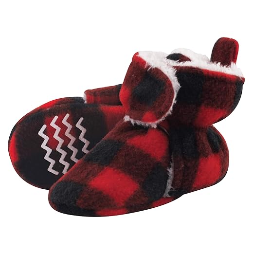 Hudson Baby unisex baby Cozy Fleece and Sherpa Booties Casual Sock, Black Red Plaid, 18-24 Months Infant US