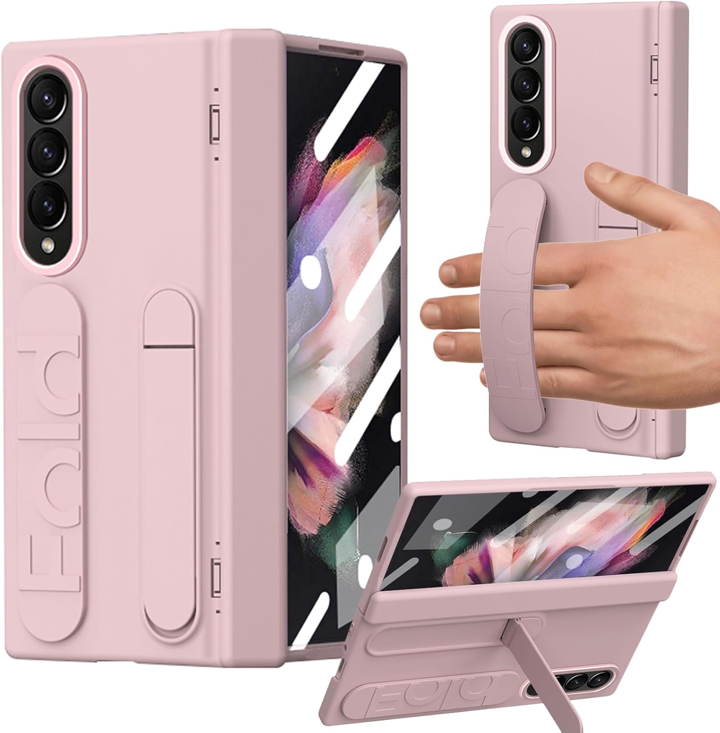for Samsung Galaxy Z Fold 3 Case with Wrist Strap, Fold3 Hand Strap Case with Kickstand Hinge Protection Screen Protector Raised Edge Protection Wrsitband Cover for Z Fold 3 Pink