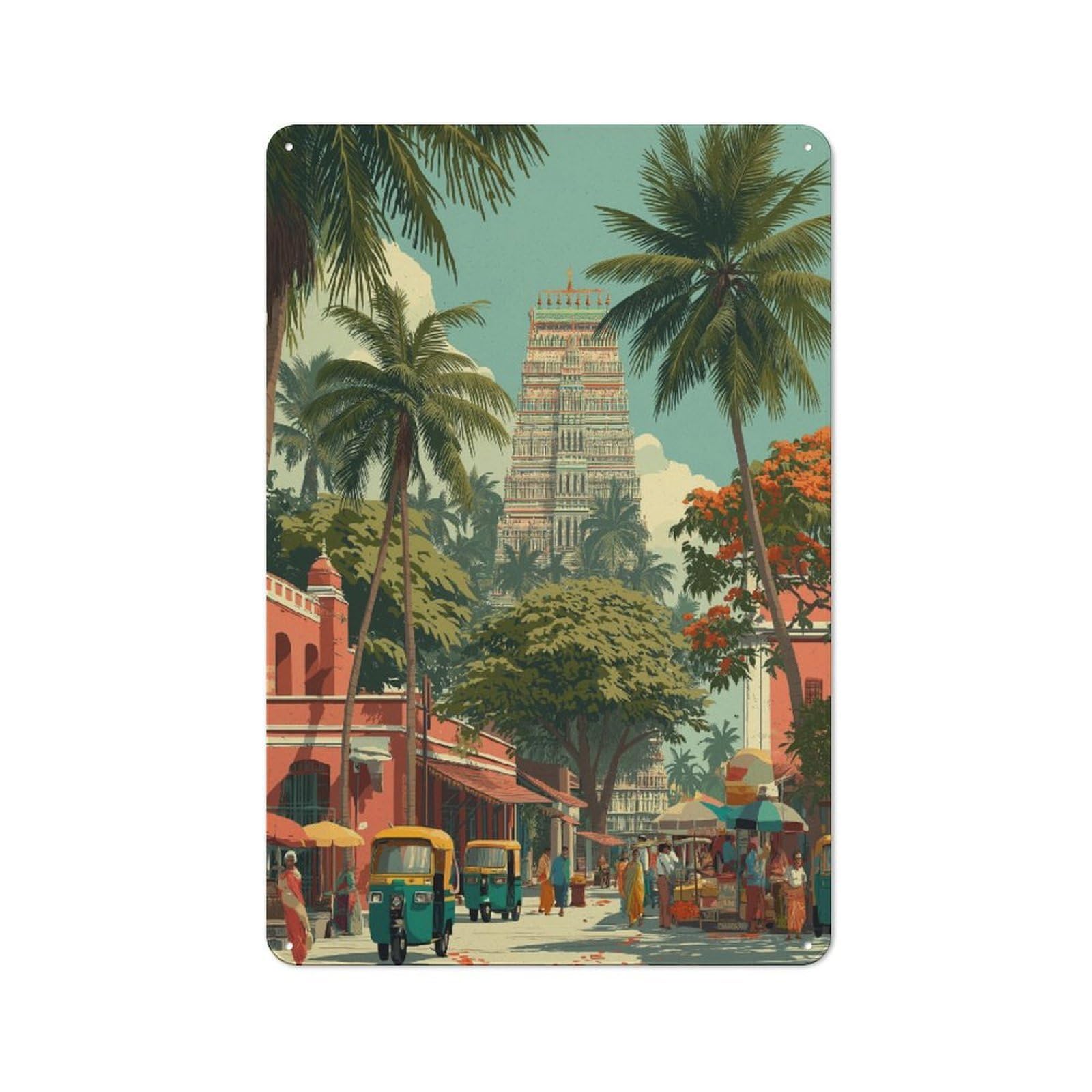 Junmoney Indian Temple Market Scene Tin Wall Plaque 30X20cm With For Dining Room Or Kitchen, For Collectors Decorating Kitchens And Dining Spaces