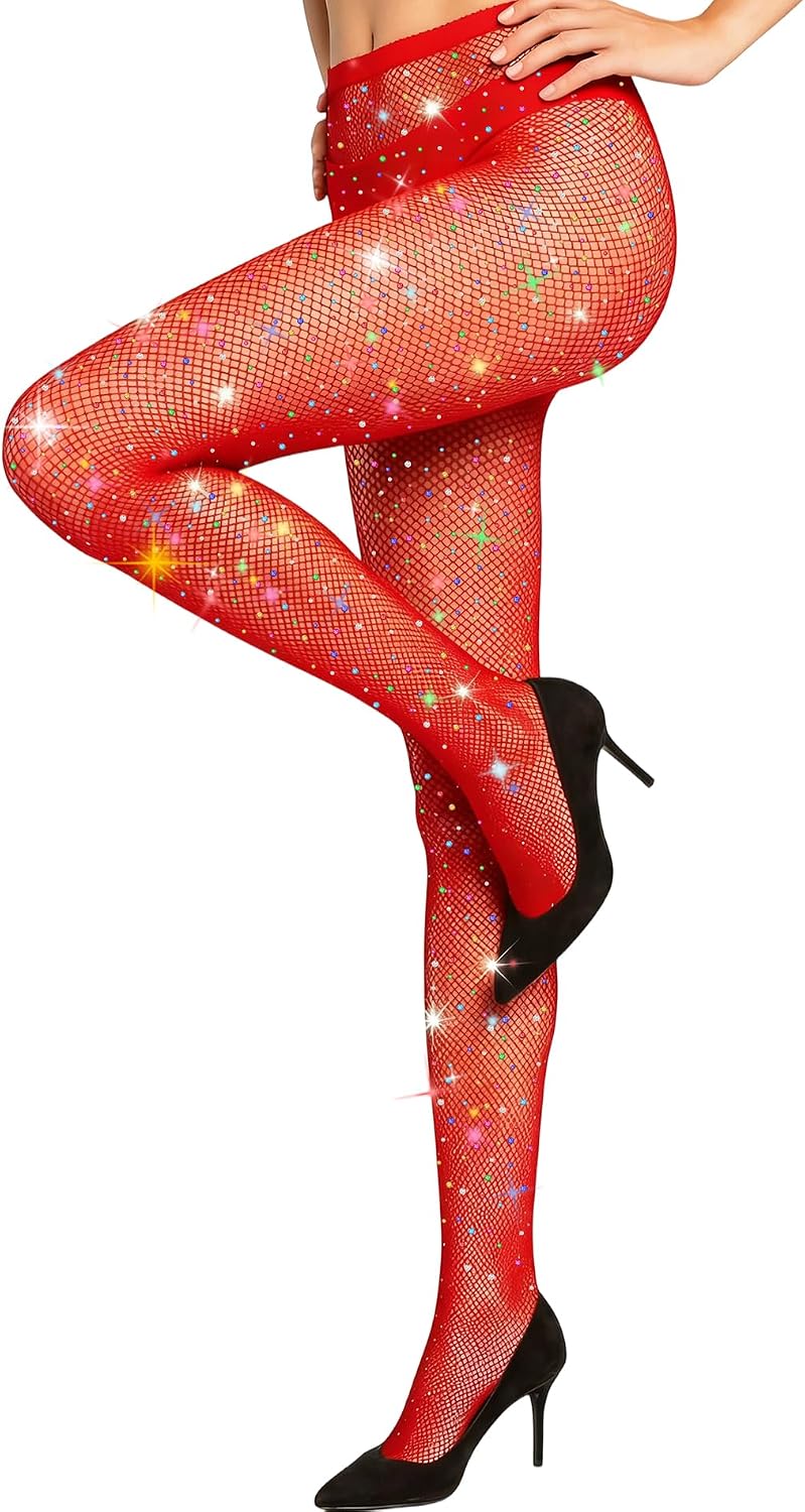 MEEZY Fishnet Stockings Colored Sparkly Tights, Shiny Tights High Elastic Glitter Stockings Pantyhose for Music Festival