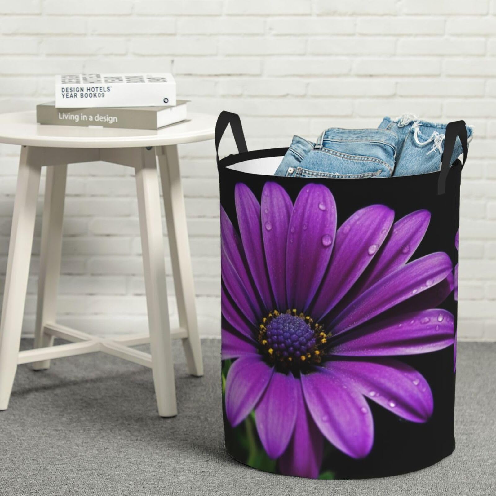 Fodpand Black Purple Daisy Laundry Basket With Handle, Freestanding Laundry Hamper, Collapsible Dirty Clothes Hamper, Waterproof Fabric Blanket Storage Basket Tall Toy Storage Bin Room Decor Small
