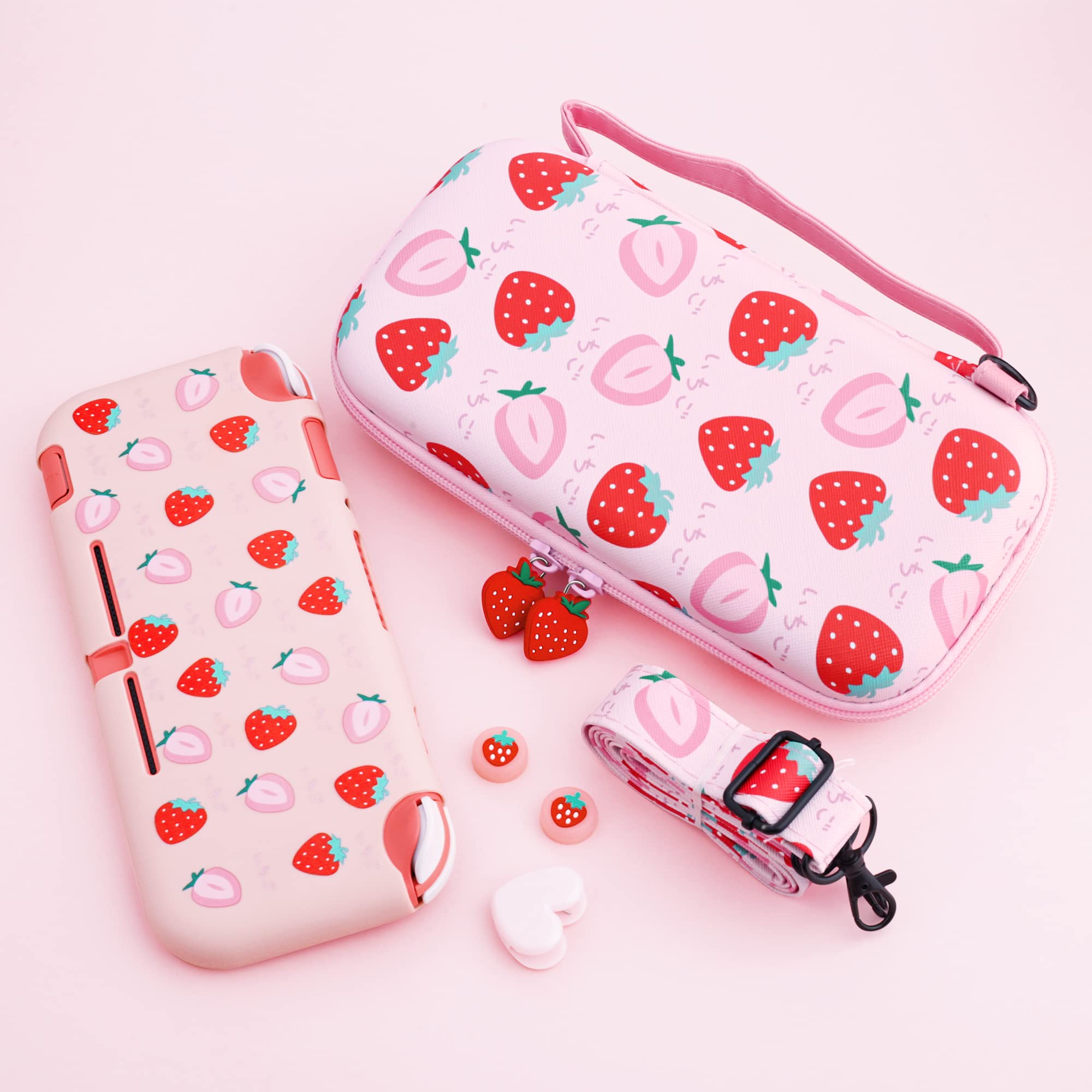 FANPL Coque pour Nintendo Switch Lite, étui de transport rose fraise mignonne pour Switch Lite, accessoires pour Switch Lite avec coque en TPU souple, sangle réglable, protection d'écran, capuchons