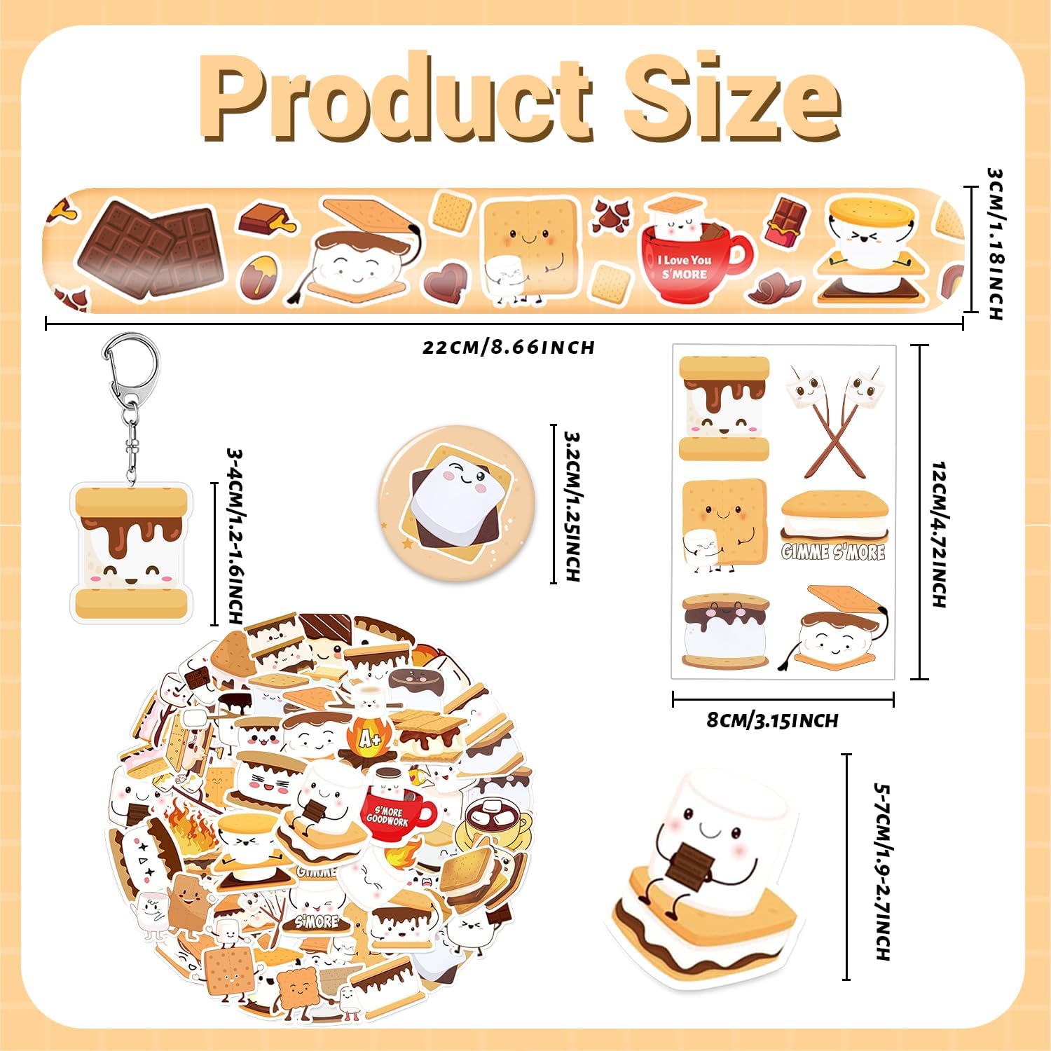98 PCS Smores Party Favors, Smores Temporary Tattoos Slap Bracelets Keychains Stickers Badges for Camping Birthday Party Decorations Supplies Gifts for Kids Classroom Rewards