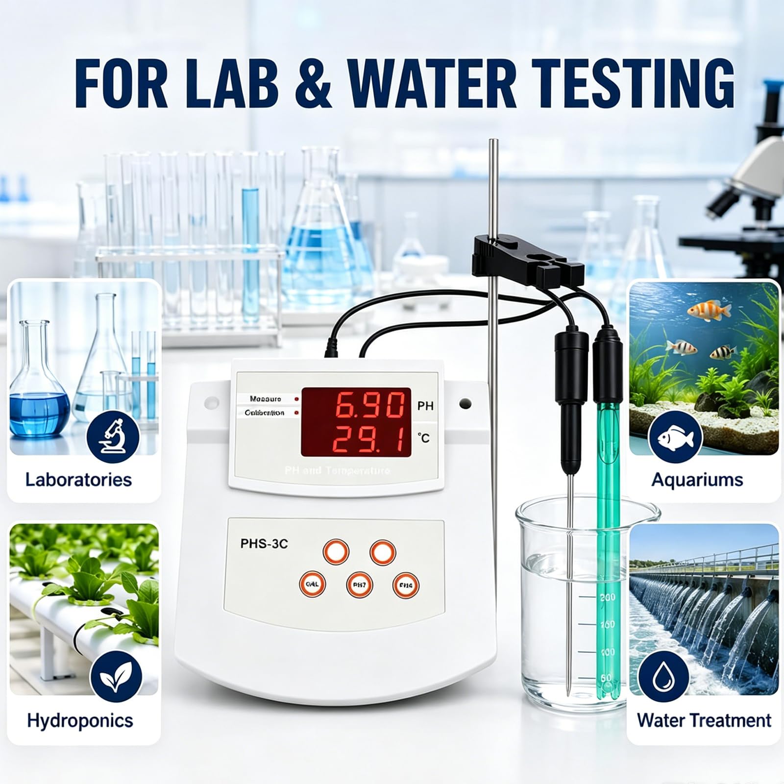 Medidor De Ph De Sobremesa para Laboratorio, Medidor De Acidez De Sobremesa con Autocalibración, Precisión De ±0,01 Ph Y 2 Electrodos De Ph/Temperatura, 0℃-50℃ ATC, con Soporte, para Medio