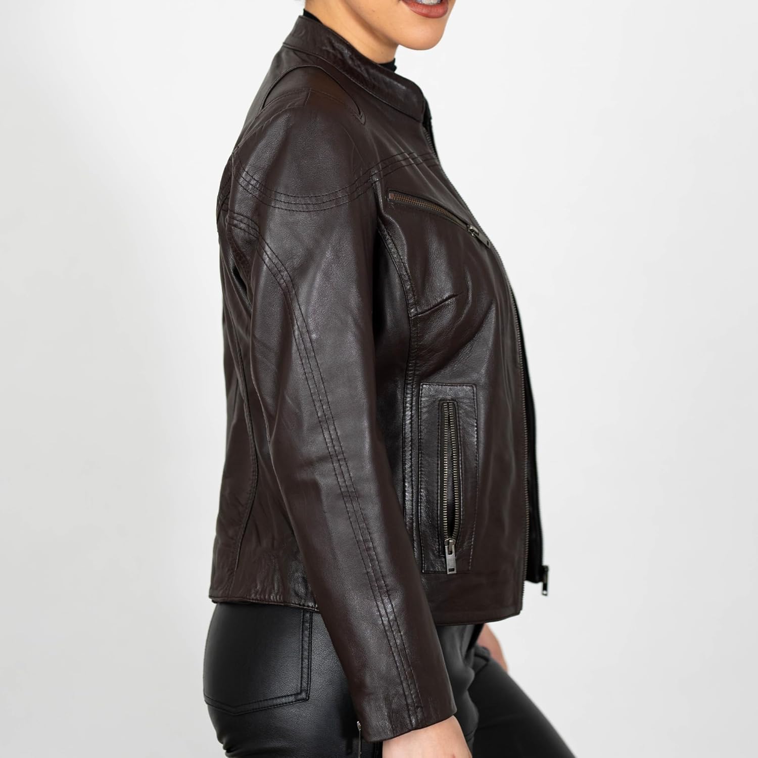 BRICK LANE Mandarin Collar Fitted Leather Jacket for Women | Genuine Lamb Nappa Leather Jacket with Zip Pockets - Image 4