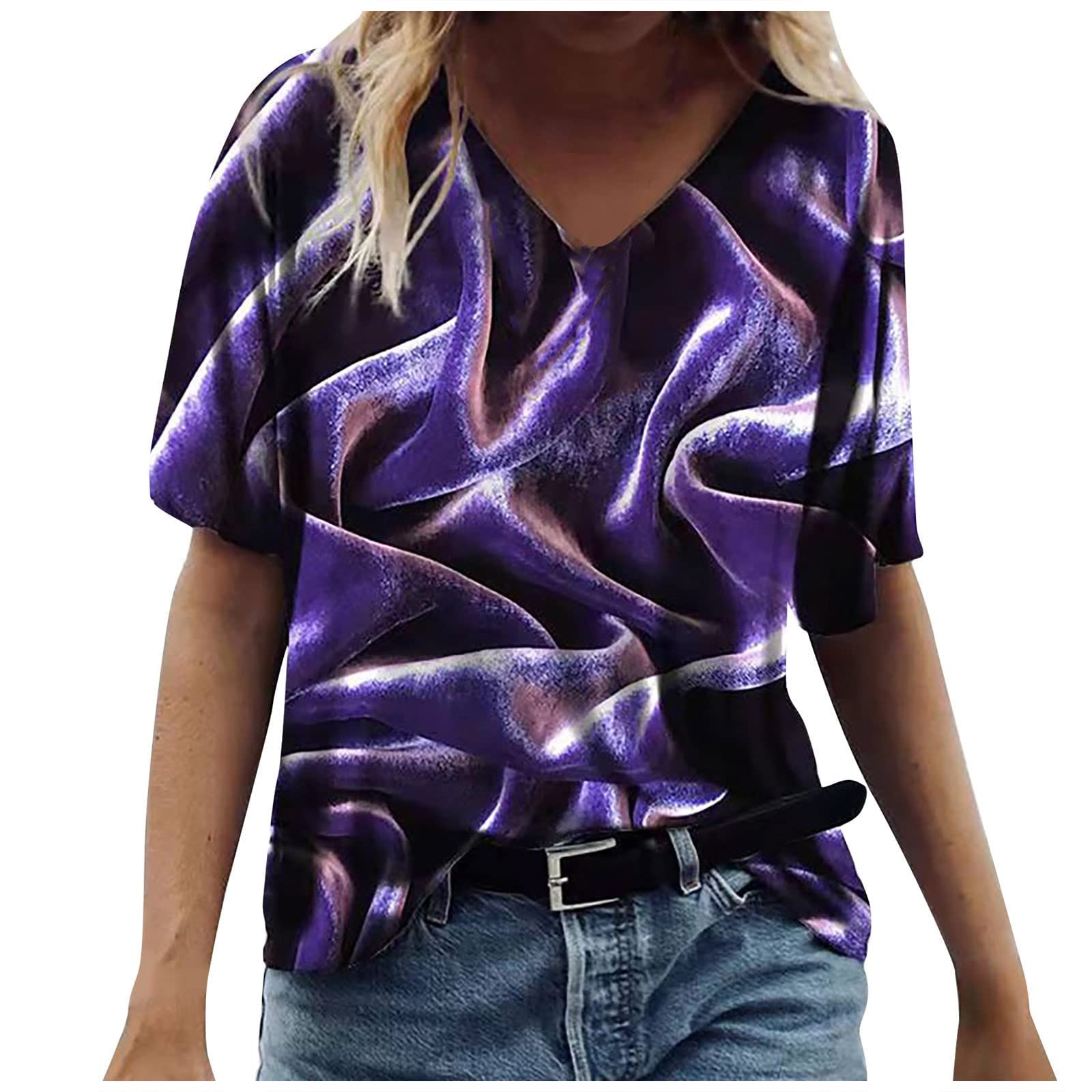 Womens V Neck T Shirt Short Sleeve Summer Elegant Tops Fashion Casual Tunic Tees Plus Size Scenic Printed Loose Blouse