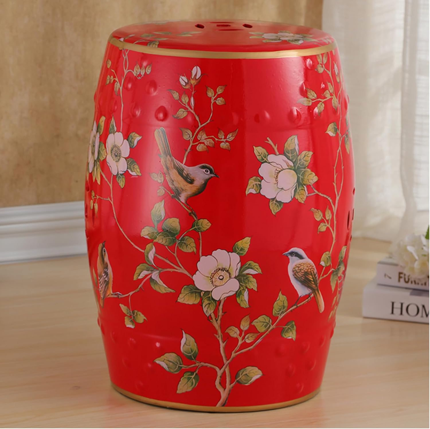 Ceramic Garden Stool, Decorative Drum Garden Stools, Modern Glazed Hand-Painted Bird and Plant for Living Room, Bedroom, Balcony, Patio A-Red 28x28x46cm