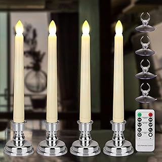 7.9 Inch Flameless Taper Candles Flickering with Timer Remote, Battery Operated LED Window Candles with Removable Base and Suction Cups for Home Christmas Decor, 4PCS Ivory