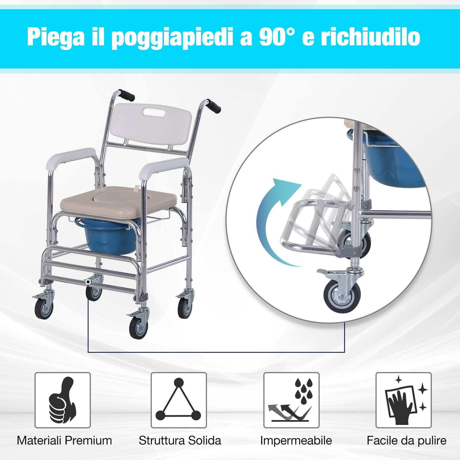 HOMCOM Sedia a Rotelle Impermeabile con WC Seduta in Finta Pelle, 4 Ruote, Vaso Rimovibile per Anziani/Disabili, 84x54x96cm