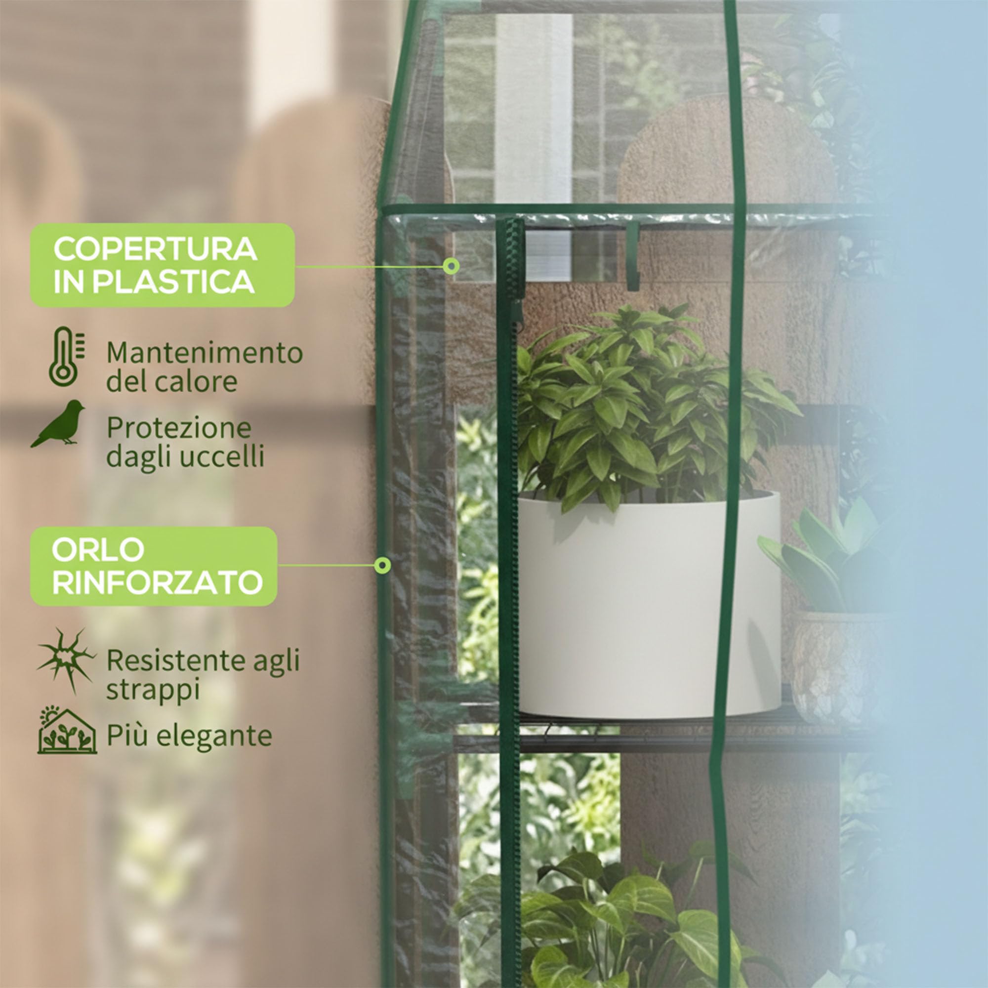 Outsunny Serra da Giardino 143x46x151cm con Struttura in Acciaio e Copertura Plastica, 6 Mensole a Rete, 2 Porte Avvolgibili, Serra per Orto Addossata per Verdure Fiori, Trasparente