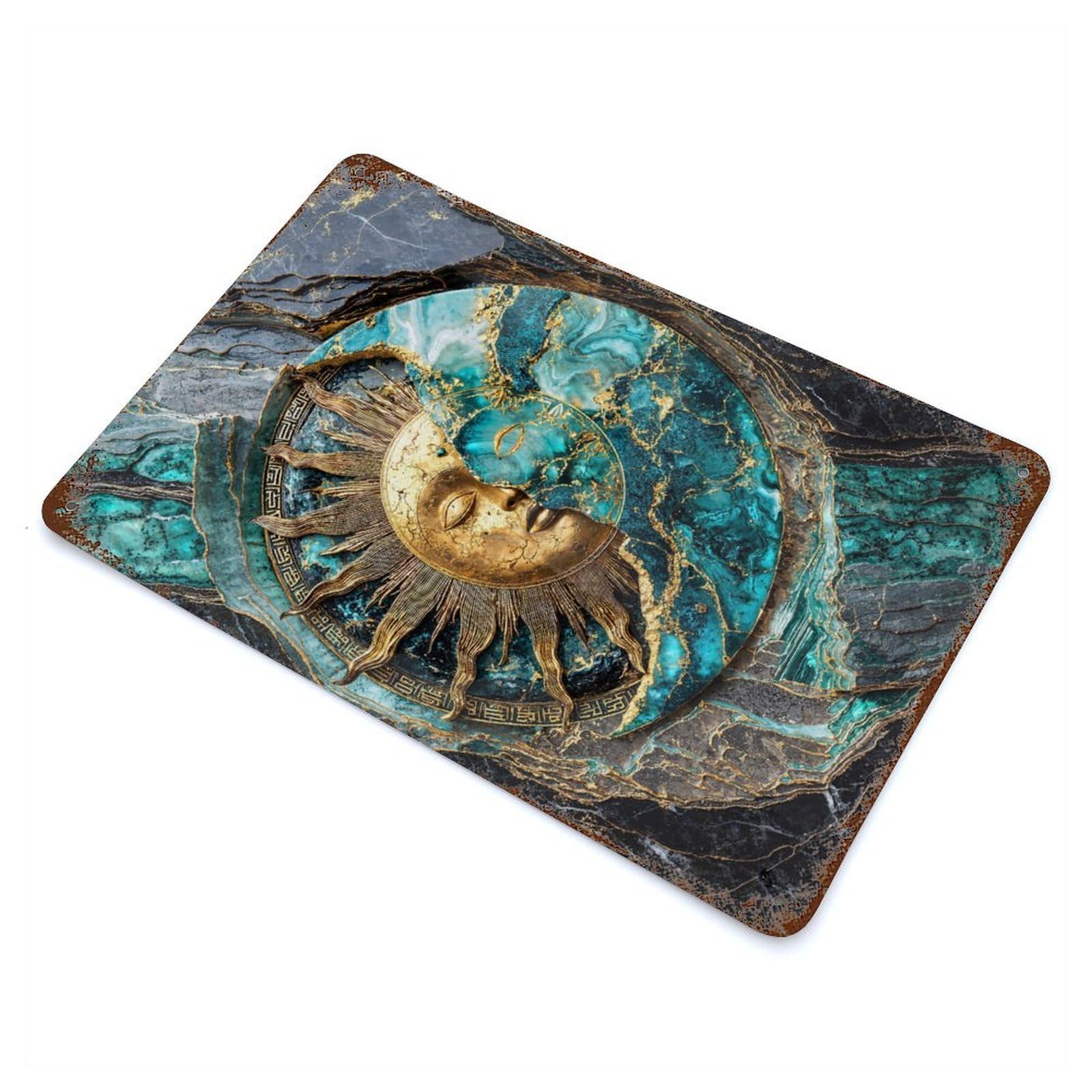 Golden Sun And Moon Kintsugi Art Decorative Tin Sign 11.8"x7.9", for Bistro, Counter And Cafe Decor, Retro Wall Decor