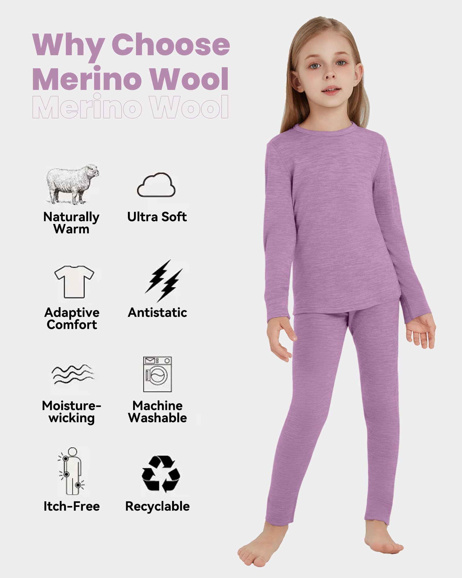 Ropa interior térmica infantil unisex, 100 % lana merino, juego para niños y niñas, ropa interior de esquí de invierno, cálida y cómoda, 260 g/m², color violeta 9-10