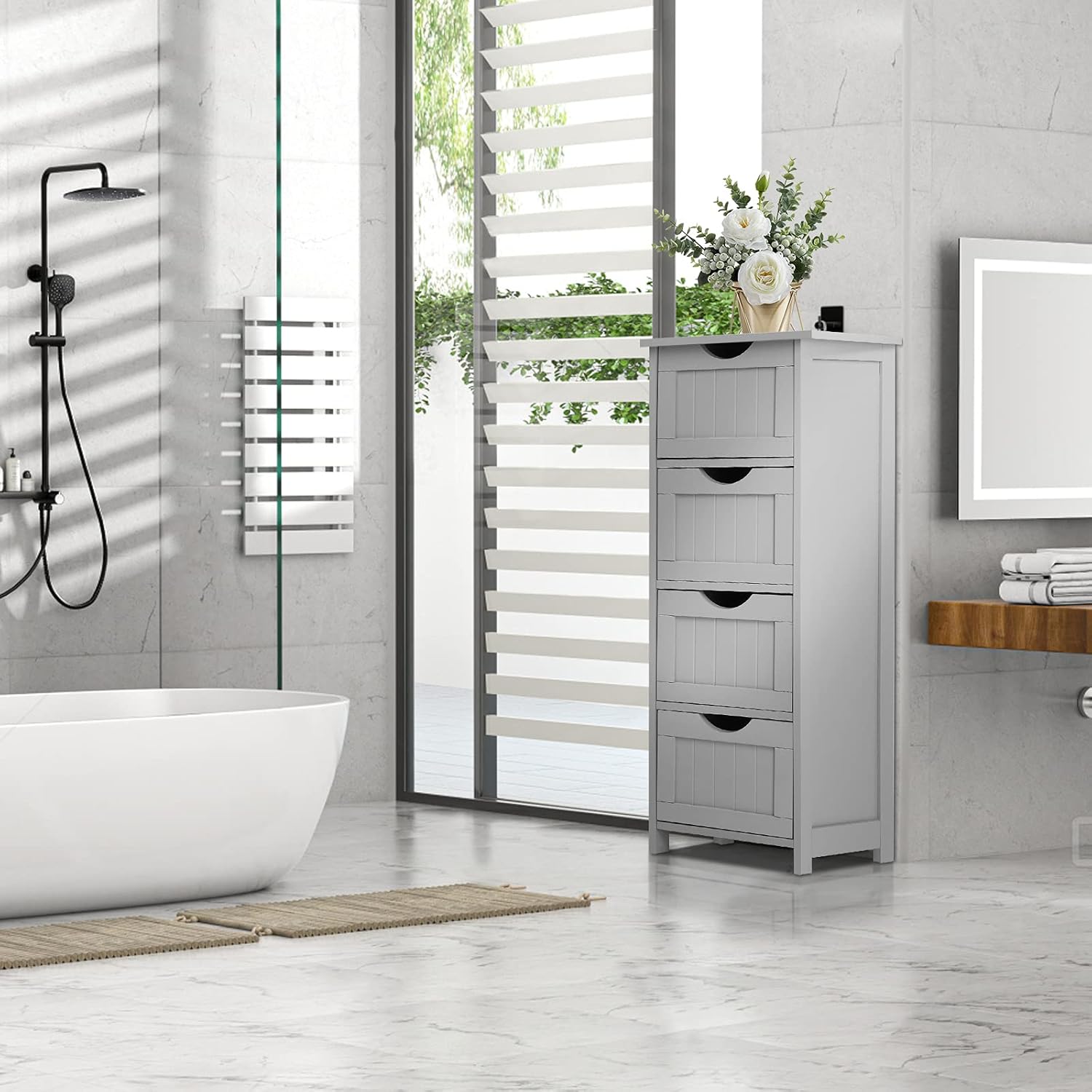 Bonnlo Bathroom Organizer and Storage Wooden Side Bathroom Cabinet with 4 Drawers Free Standing Cabinet White for Bathroom Bedroom Living Room Hallway, 11 13/16" x11 13/16" x32 3/8" (Grey)
