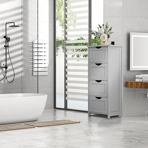 Miniatura 3 de Bonnlo Organizador de baño y almacenamiento lateral de madera con 4 cajones, gabinete de pie blanco para baño, dormitorio, sala de estar, pasillo,