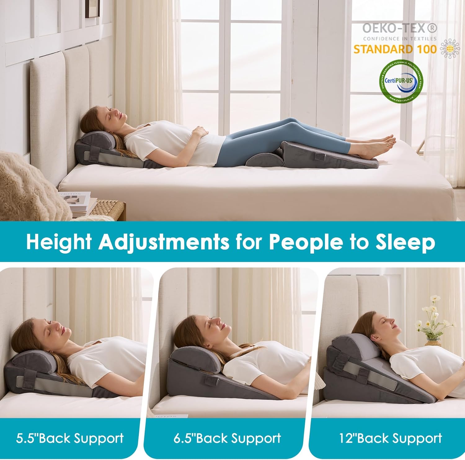 3Pcs Wedge Pillow Set for After Surgery,Acid Reflux Relief, Adjustable Bed Wedge Pillows for Sleeping,Anti Snore, Memory Foam Triangle Pillow for Back&Neck&Shoulder Pain Relief, Grey - Image 3