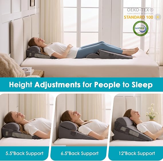 3Pcs Wedge Pillow Set for After Surgery,Acid Reflux Relief, Adjustable Bed Wedge Pillows for Sleeping,Anti Snore, Memory Foam Triangle Pillow for Back&Neck&Shoulder Pain Relief, Grey