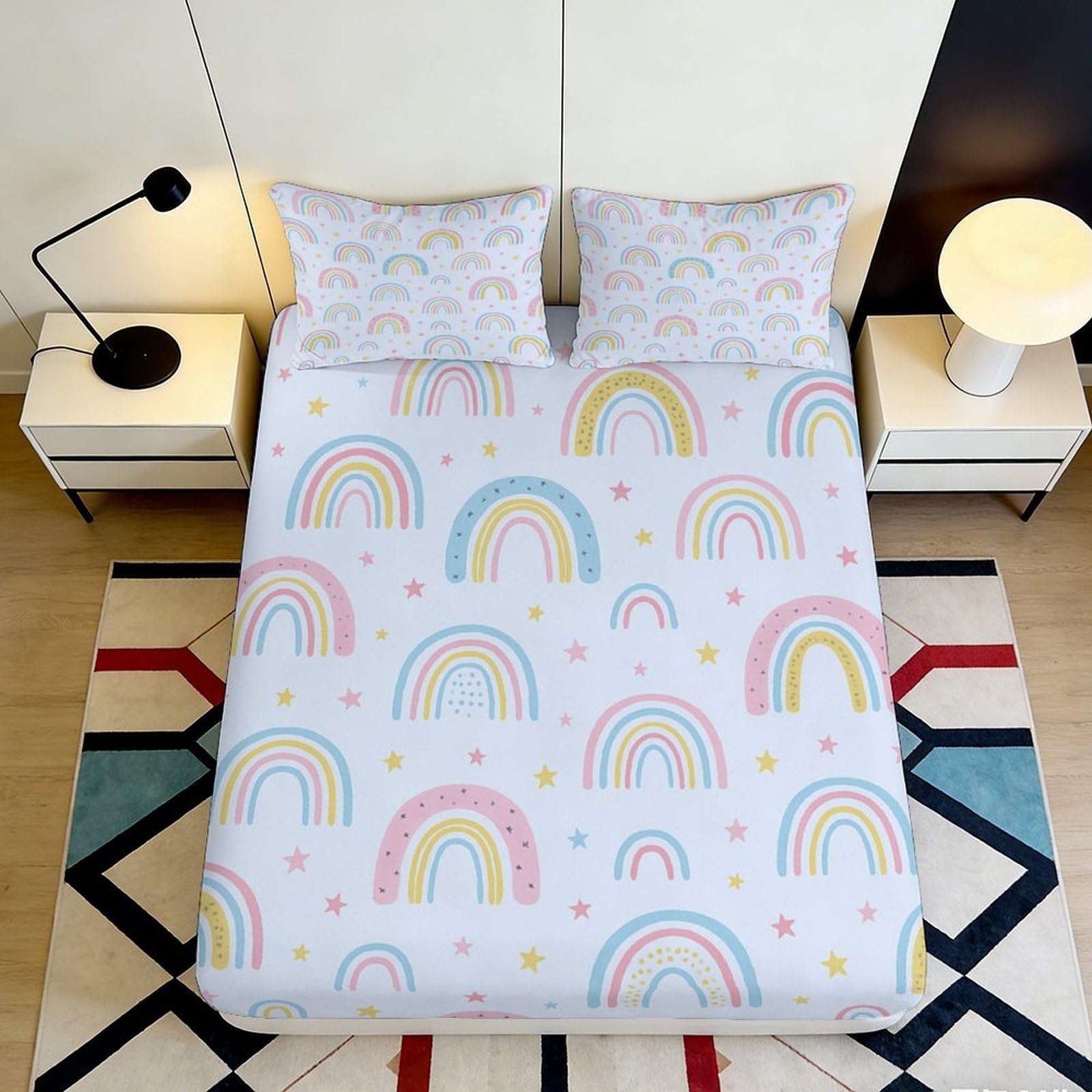 3D Printed Rainbow Pattern Fitted Sheet Microfiber Elastic Hem Deep Pocket Bedding Rainbow Mattress Fitted Cover Washable for Adults 180x200x25cm