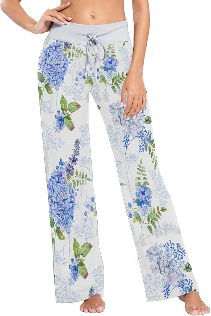 OTVEE Blue Hydrangea Flowers Pajama Pants for Women Casual