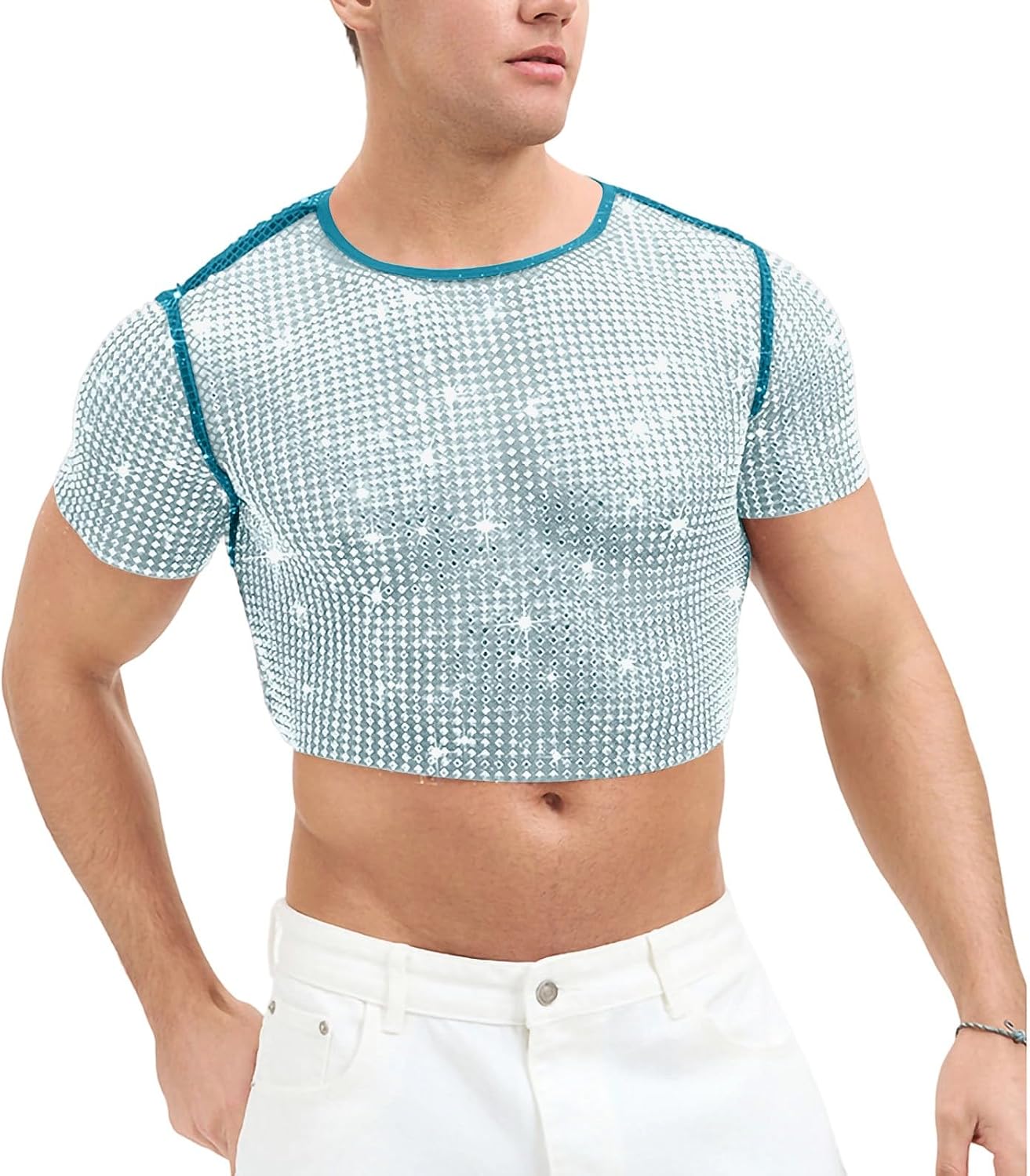 Men’s Rhinestone Crop Top Sexy Short Sleeve Glitter Sparkly Sheer Clubwear Fashion Festival Party Shirt for Men
