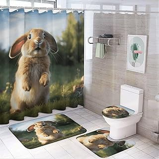 4Pcs Shower Curtain Sets with Rugs Cute Funny Rabbit Bathroom Sets with 12 Hooks U-Shaped Floor Mat Toilet Lid Cover