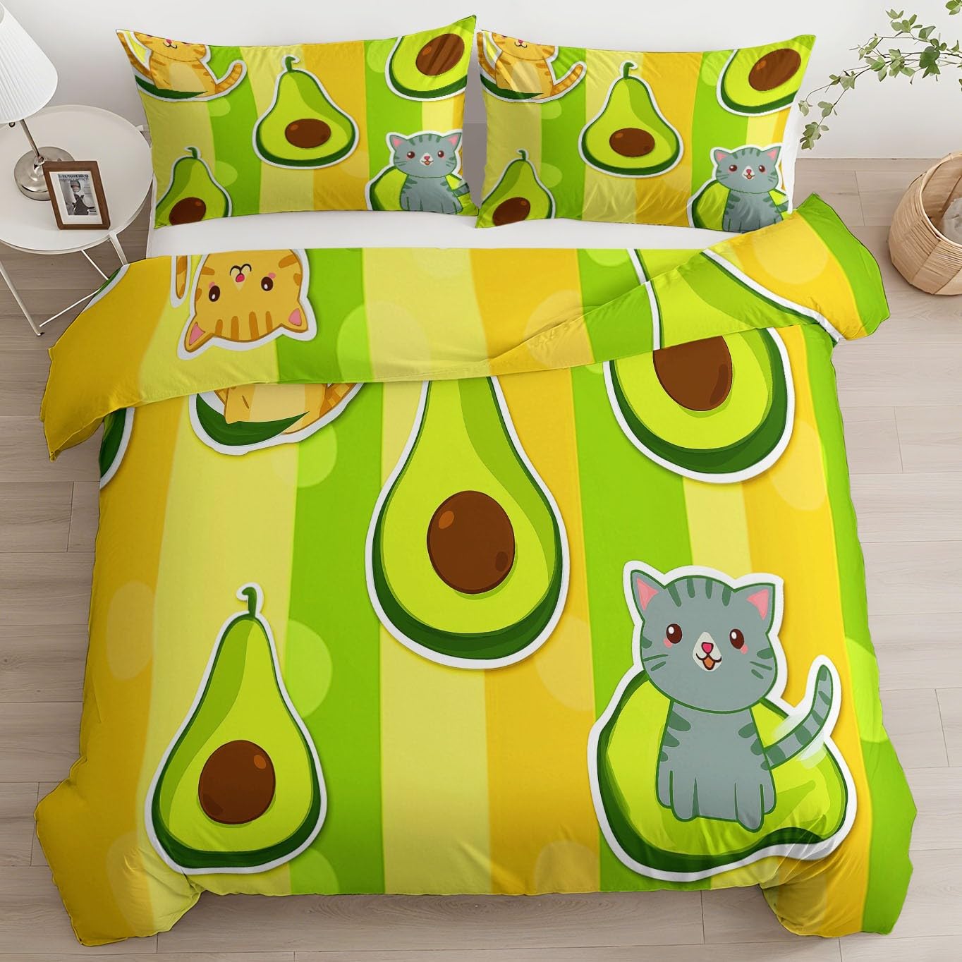 Generico Zestaw pościeli z mikrofibry szczotkowany kot z awokado kreskówka, 180 x 220 cm, 3-częściowy zestaw poszewek na kołdrę z nadrukiem, żółty, z zamkiem błyskawicznym, hipoalergiczny