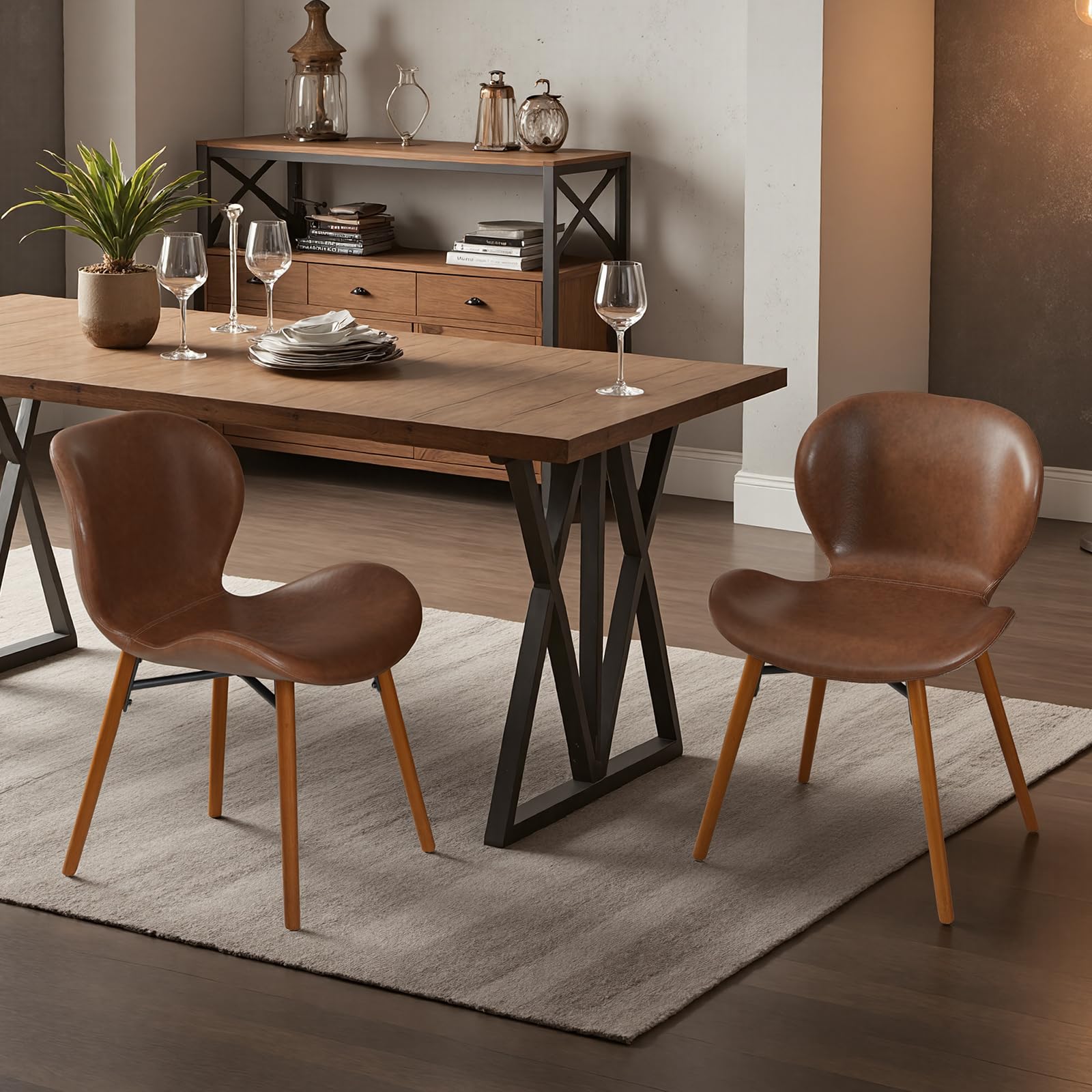 Modern Dining Chair Set of 2, Comfortable Dining Room Chairs with Thick Cushions, Faux Leather Upholstered Kitchen Armless Side Chairs, Wooden Leg for