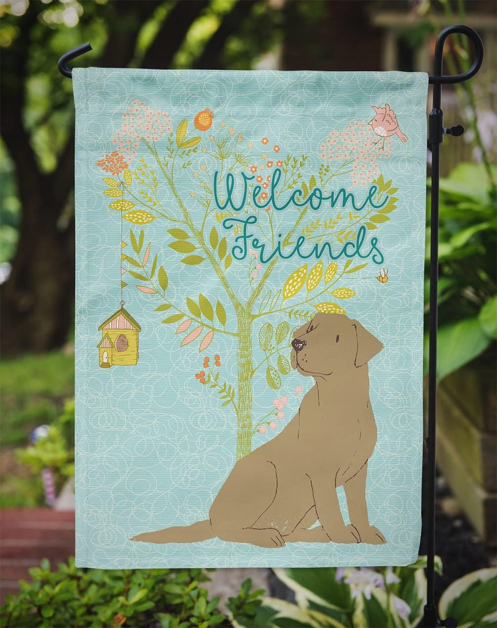 Caroline's Treasures BB7597GF Welcome Friends Chocolate Labrador Retriever Garden Flag Mailbox Flag Decorative Yard Flag Banner Outside Patio Artwork Yard Flower Beds, Garden Size, Multicolor