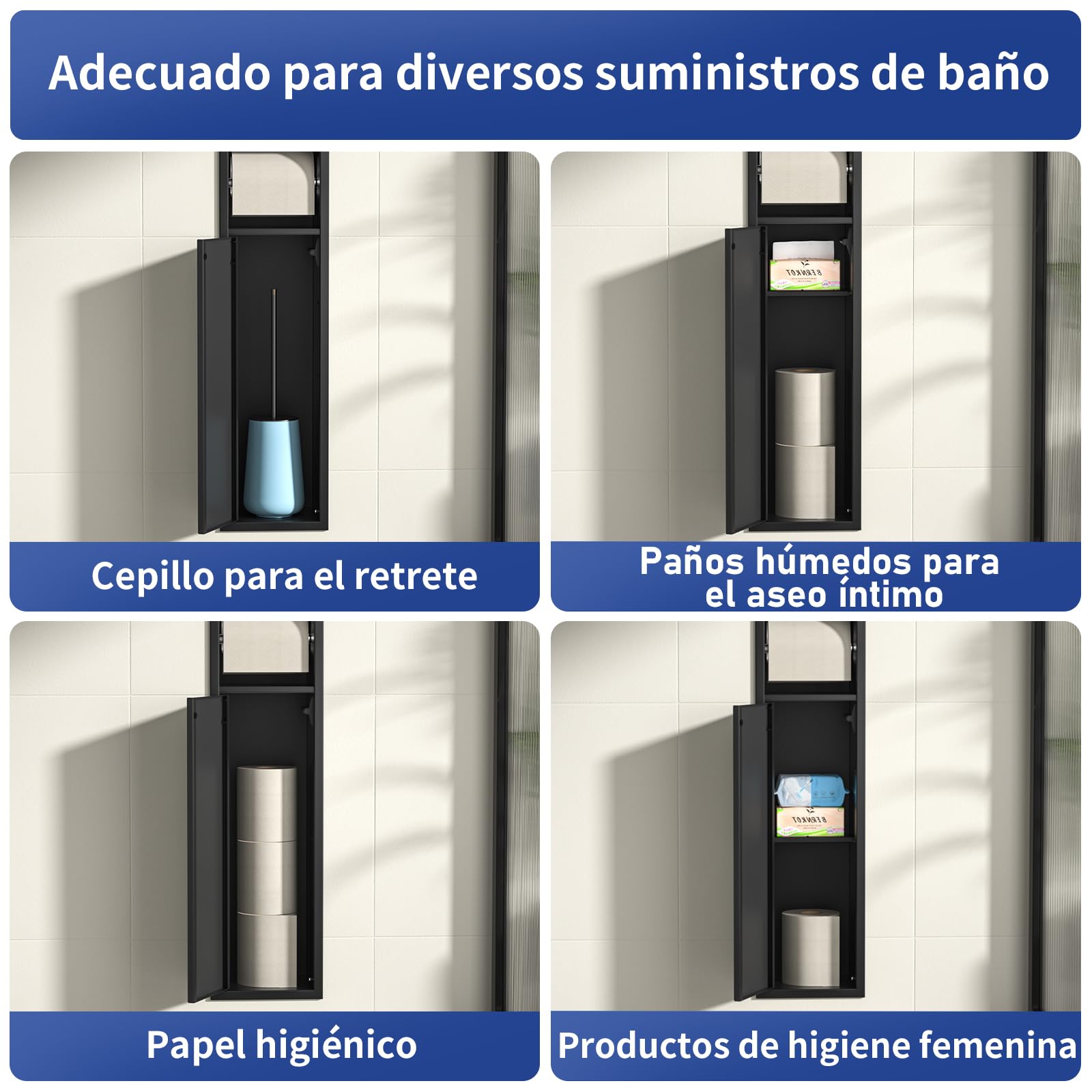 Portarrollos de papel higiénico empotrado, acero inoxidable, para el conjunto de escobillas, armario de baño con portarrollos de papel higiénico, con puertas de armario, 63 x 15 x 15 cm, negro