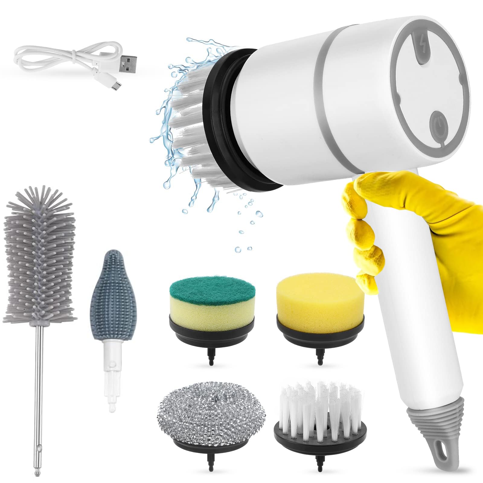 Electric Spin Scrubber, Portable Cleaning Brush with 6 Replaceable Brush Heads 3 Rotating Speeds Scrubbing Brush Rechargeable Power Scrubber for Kitchen, Bathroom, Tile, Floor, Window (White)