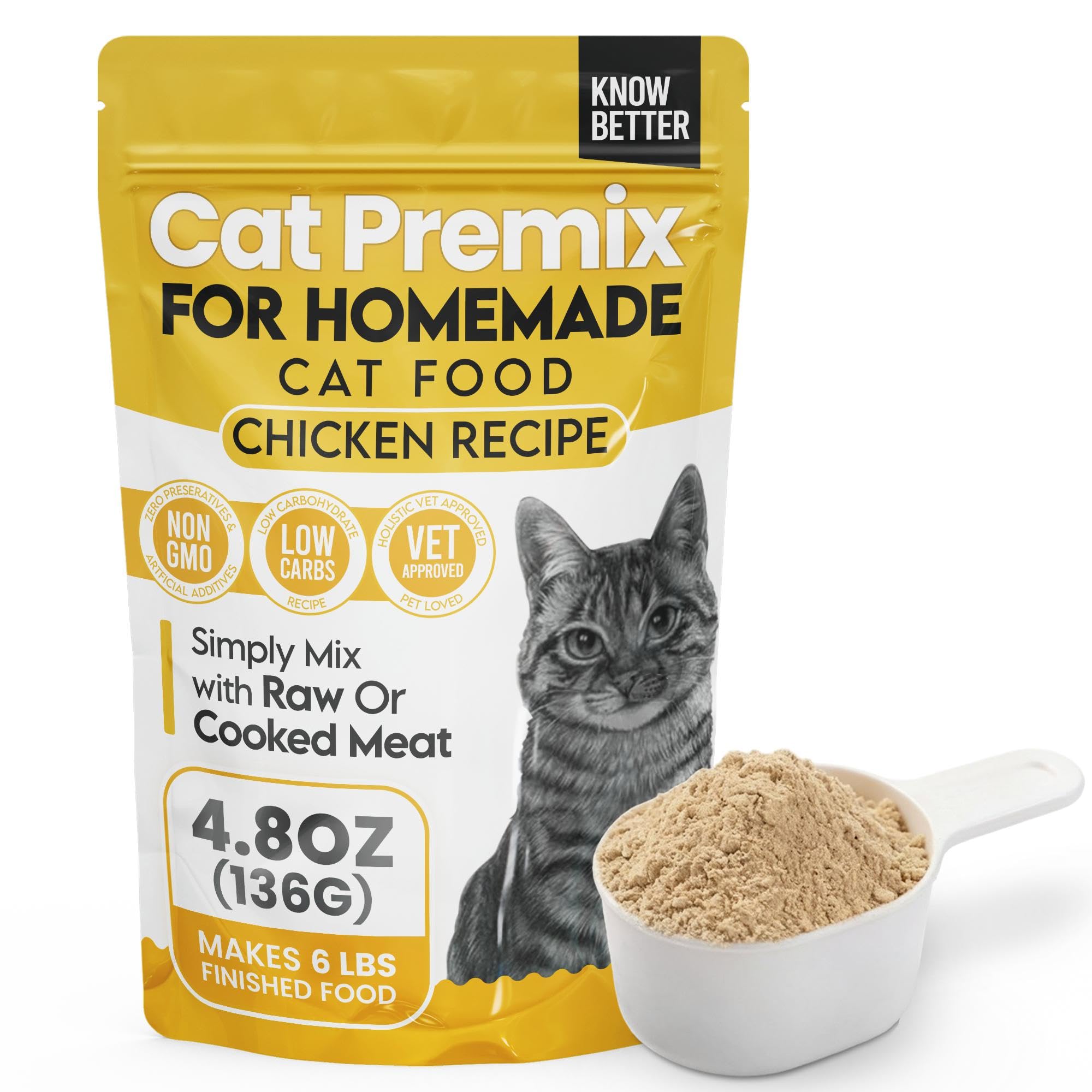 Know Better Chicken Recipe Premix for Raw Or Cooked Cat Food - Natural Supplies Meal Mix with Taurine for Cats - Indoor Cat Food Meal Completer, Feline Premix for Homemade Cat Food - 4.8 Oz