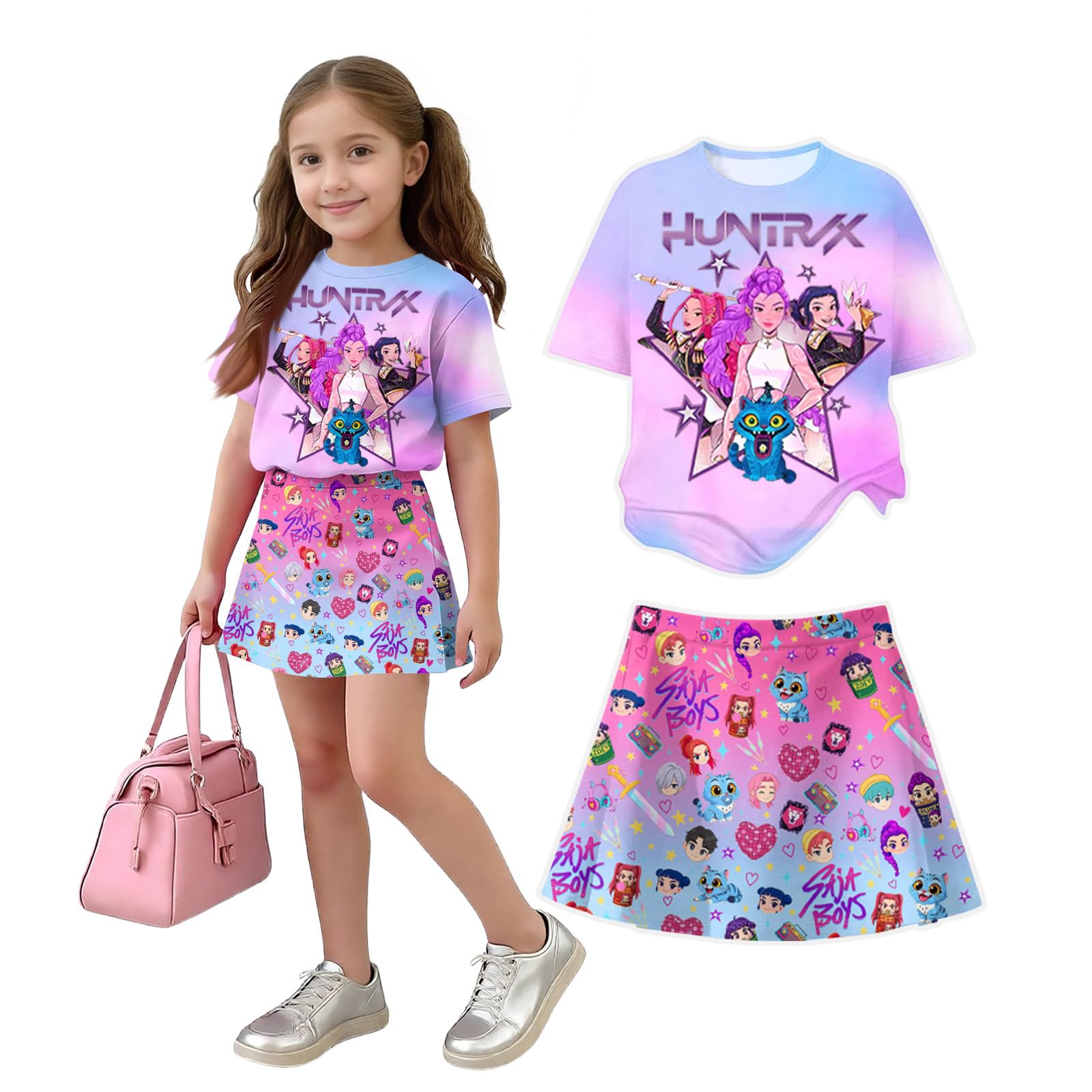K Pop Short Sleeve T-Shirt and Skirts Outfits Set for Girls Hunters Girl's Anime Graphic Tees De-Mon Summer Sets — view 16