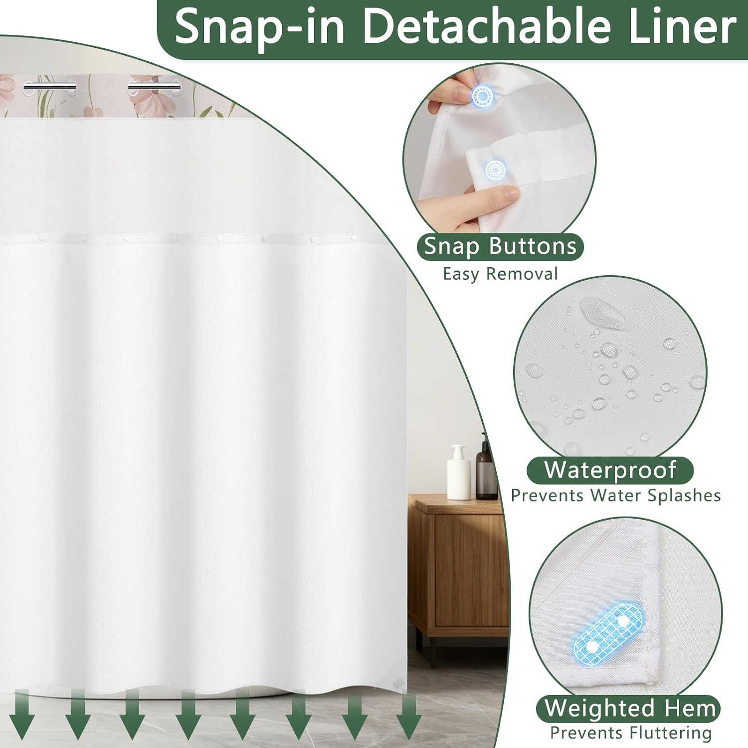 Pink Shower Curtain with Detachable Snap in Liner, No Hook Bathroom Shower Curtain with Top Sheer Window and Weighted Hem, Decorative Farmhouse Shower Curtains for Bathroom, 71x74 Inches image 5