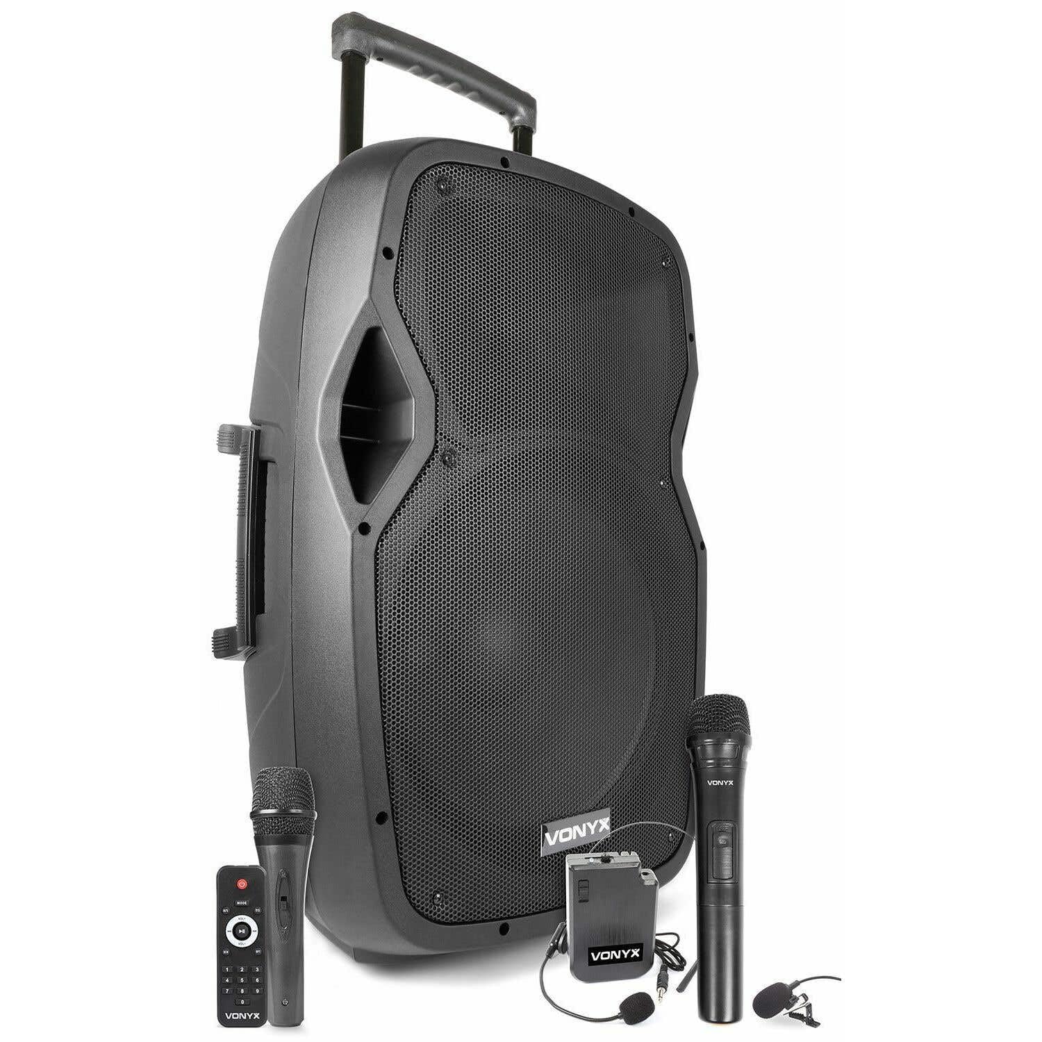 Vonyx AP1500PA - Sistema PA Mobile, Woofer 15", Potenza in Uscita: 800 W, Bluetooth/USB/SD/MP3/AUX-In, Auricolare UHF da Tasca, Microfono UHF, Microfono Via Cavo, Batteria Ricaricabile, Telecomando